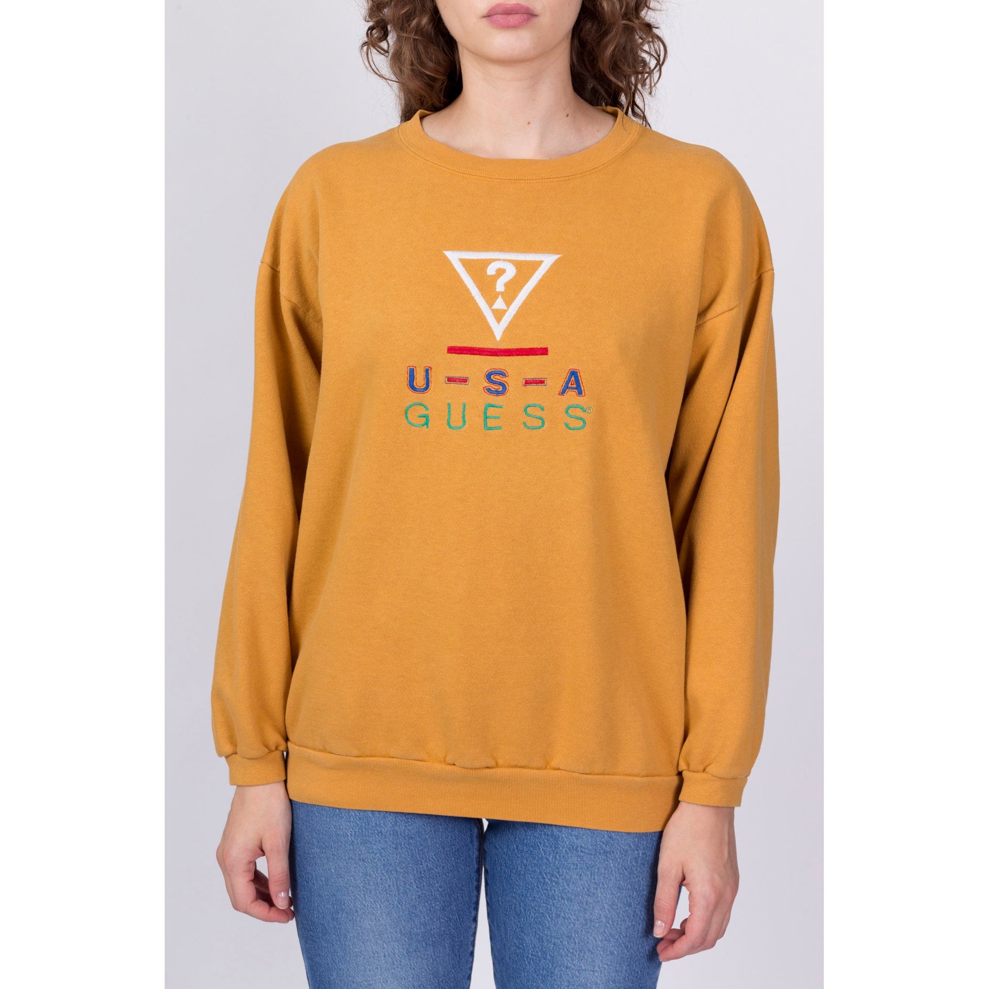 90s Guess USA Mustard Yellow Sweatshirt - One Size 