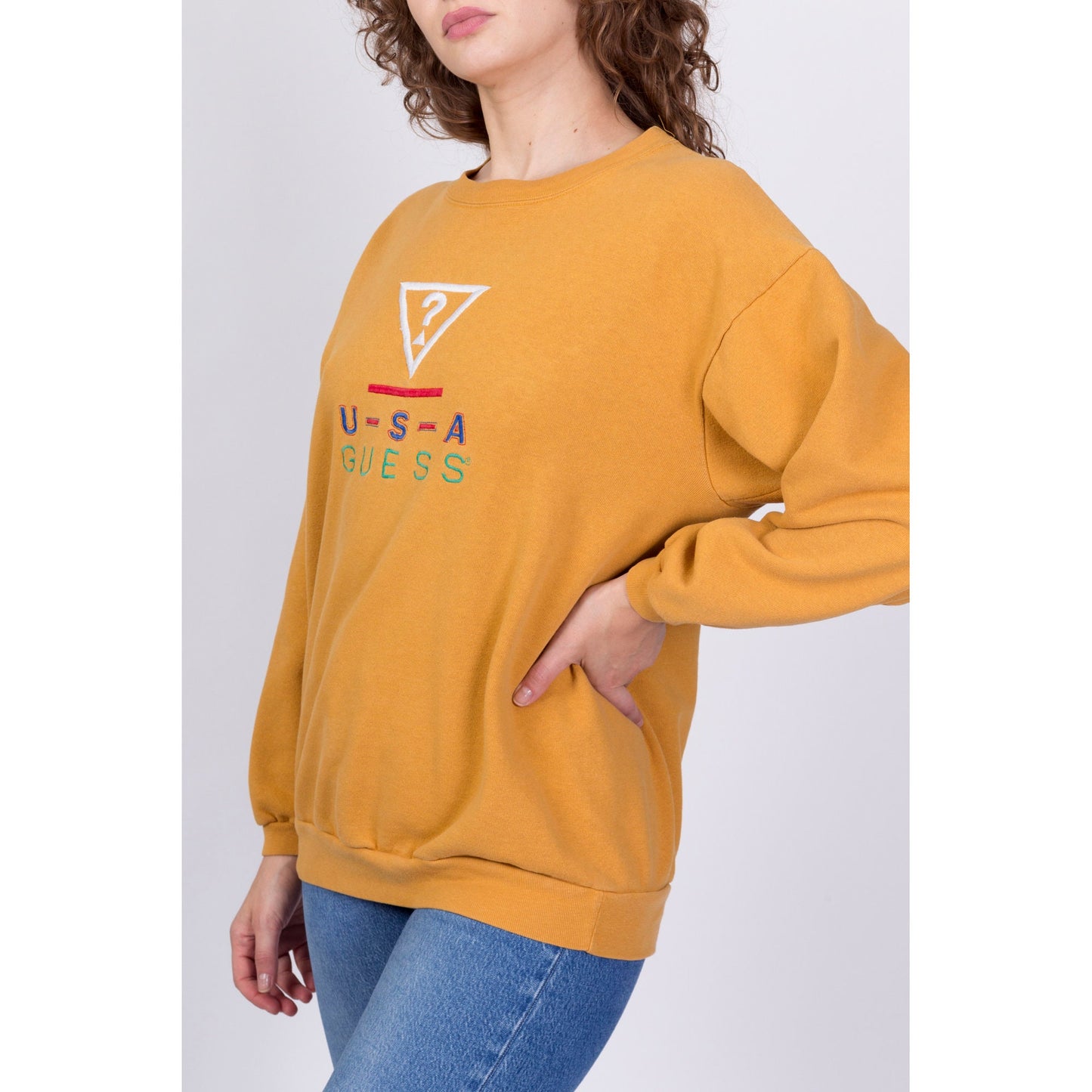 90s Guess USA Mustard Yellow Sweatshirt - One Size 