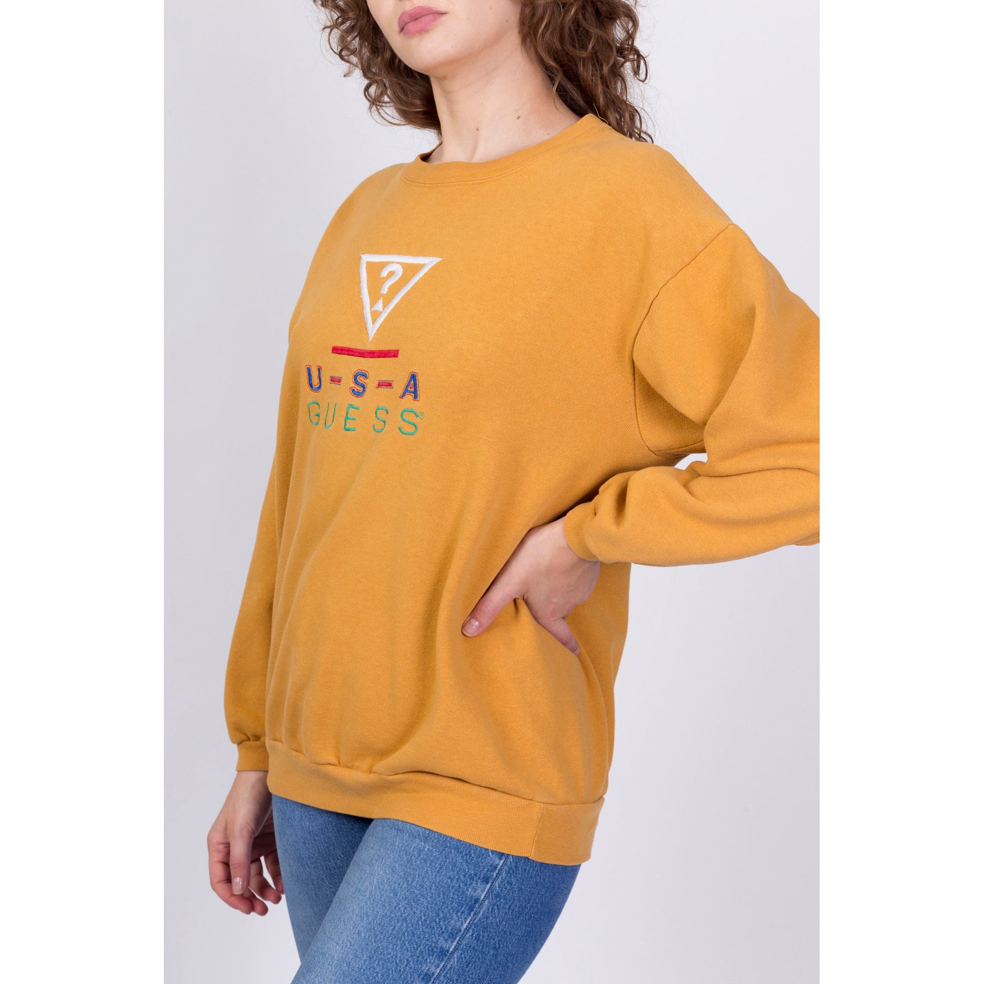 90s Guess USA Mustard Yellow Sweatshirt - One Size 