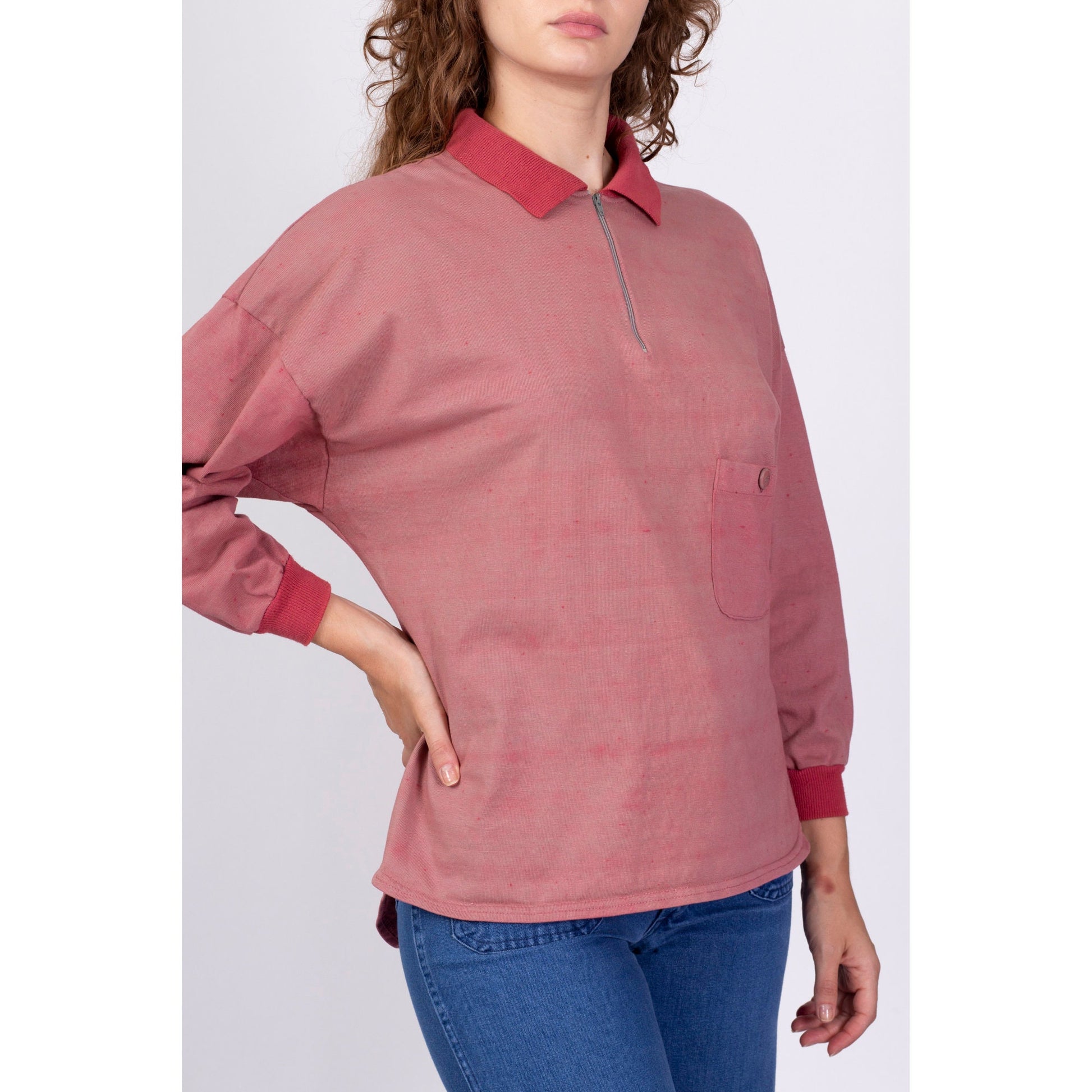 80s Rose Pink Dyed Henley Sweatshirt - Small 