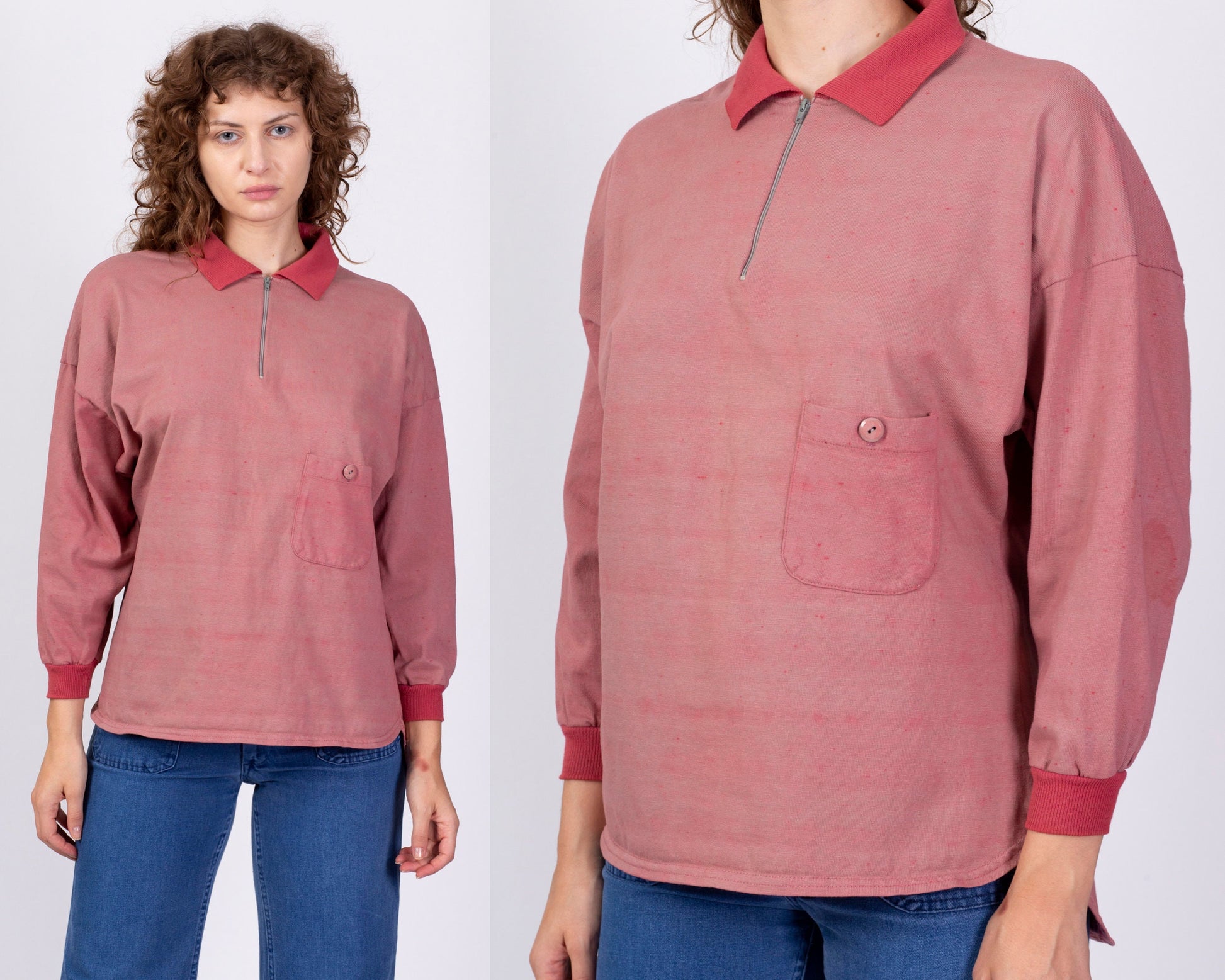 80s Rose Pink Dyed Henley Sweatshirt - Small 
