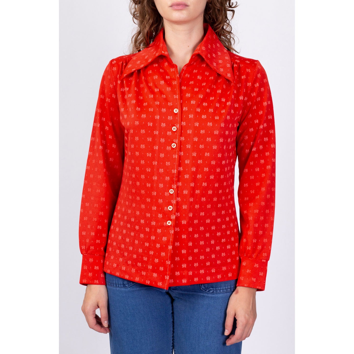 70s Red Butterfly Print Shirt - Large 