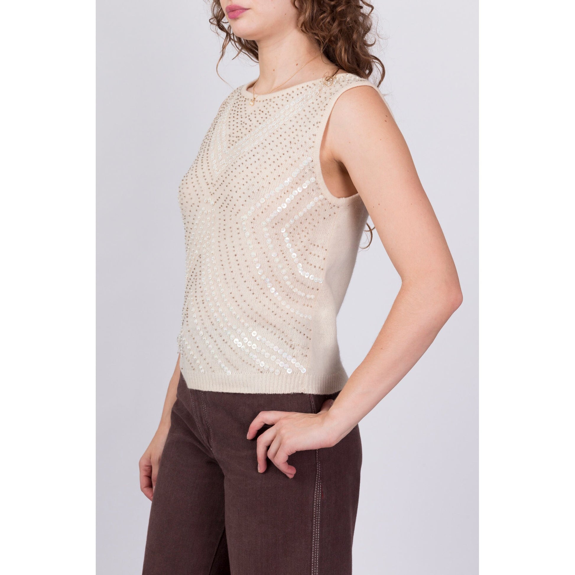 Vintage 60s Style Beaded Sleeveless Knit Top - Medium 