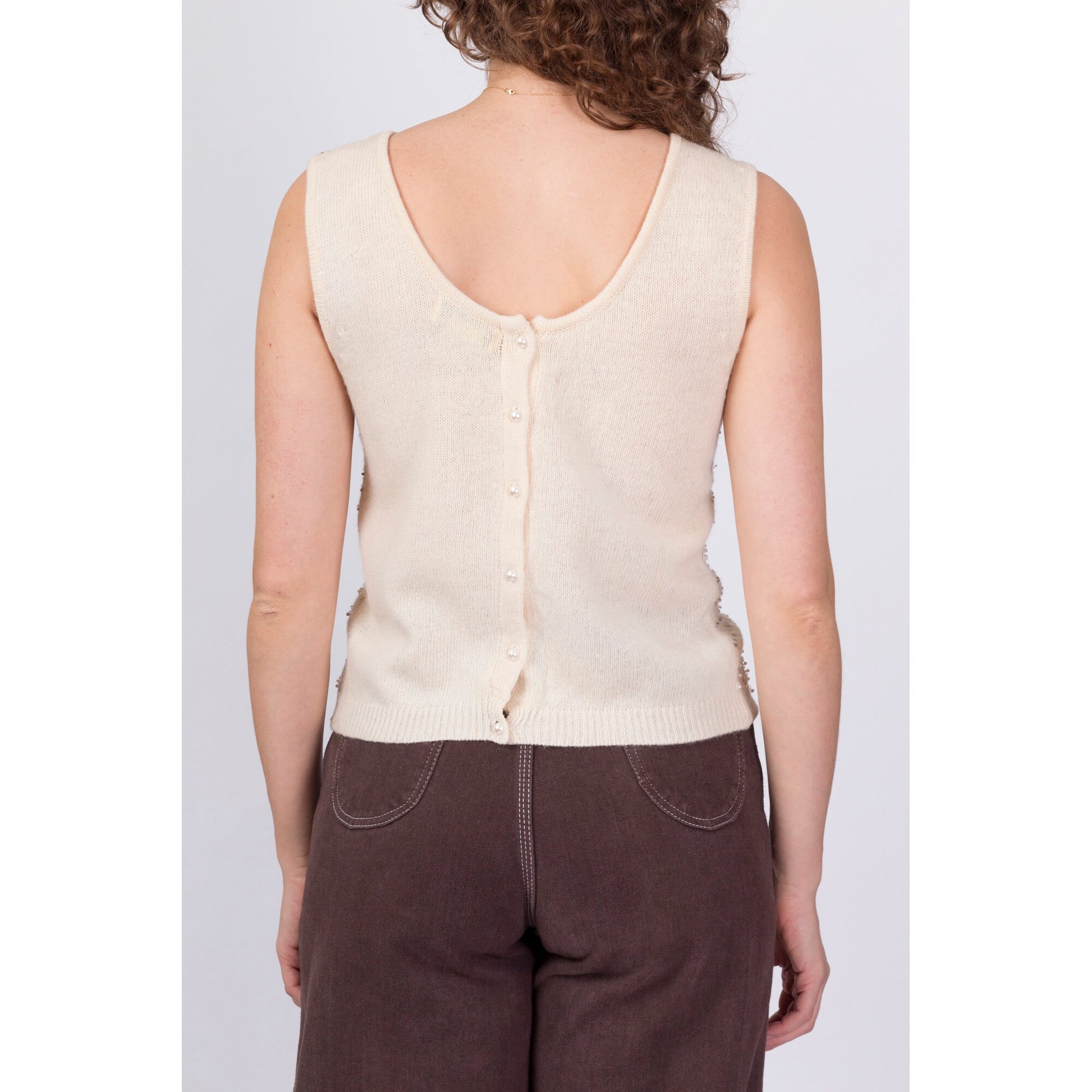 Vintage 60s Style Beaded Sleeveless Knit Top - Medium 