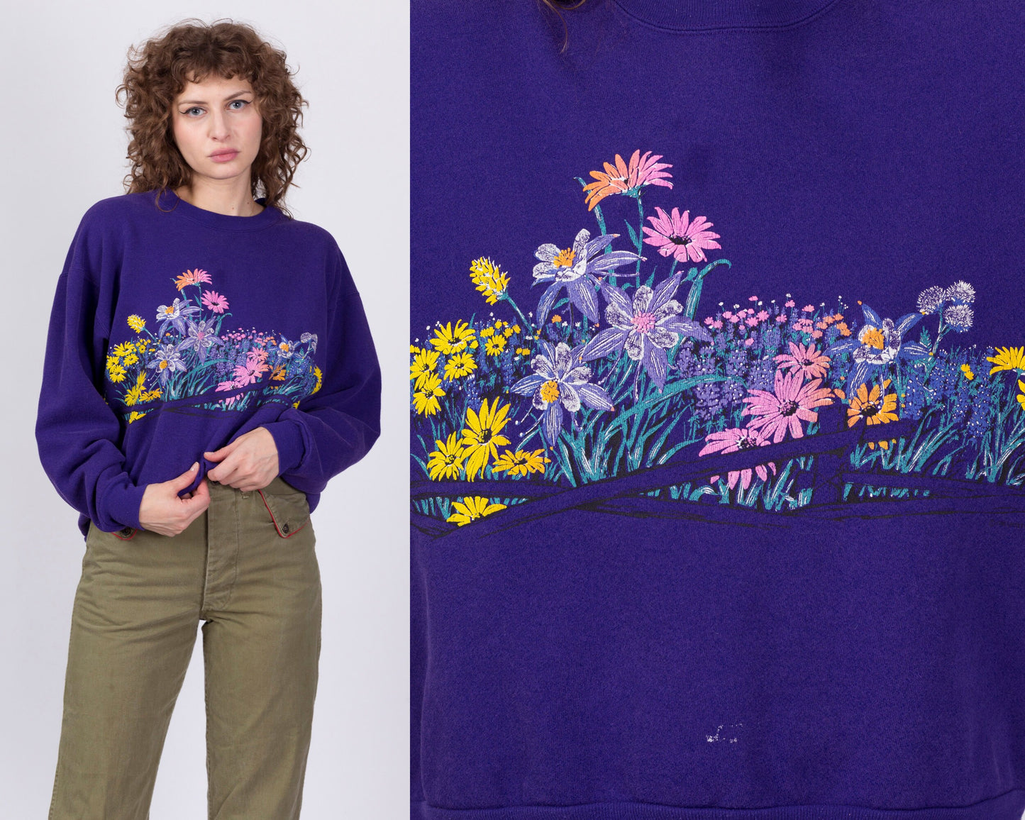 80s Purple Floral Sweatshirt - Large 