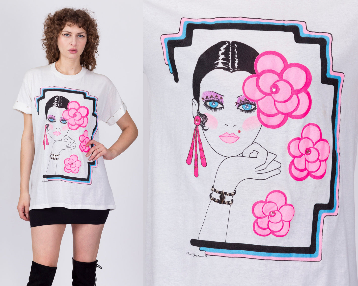 80s Carol Joseph Glam Lady Print Graphic T Shirt - Extra Large 