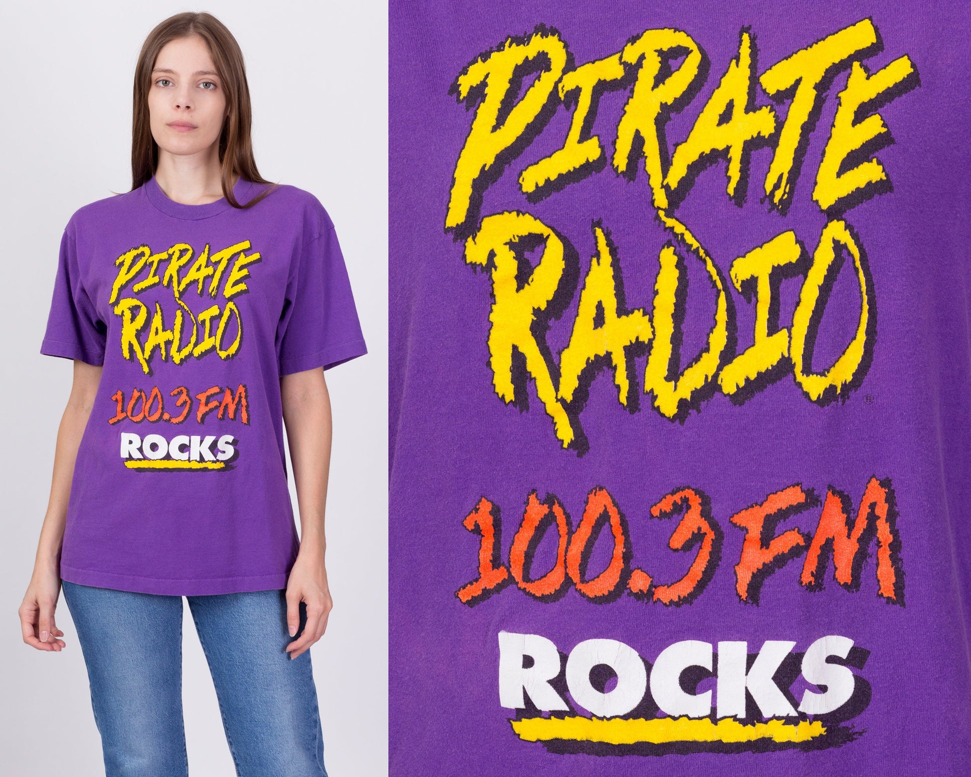 90s Pirate Radio 100.3 FM Rocks T Shirt - Unisex Medium 