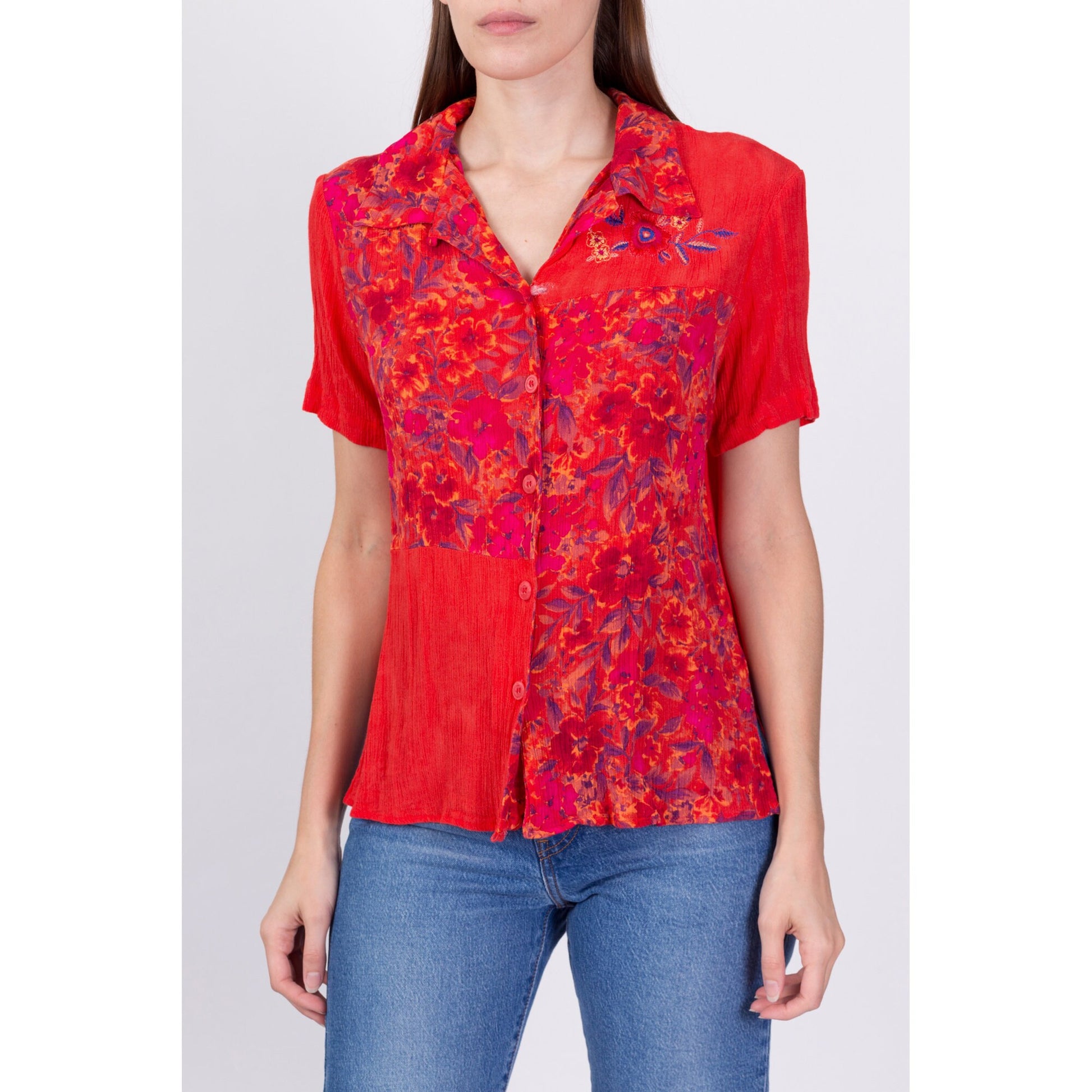 90s Red Floral Rayon Blouse - Medium 