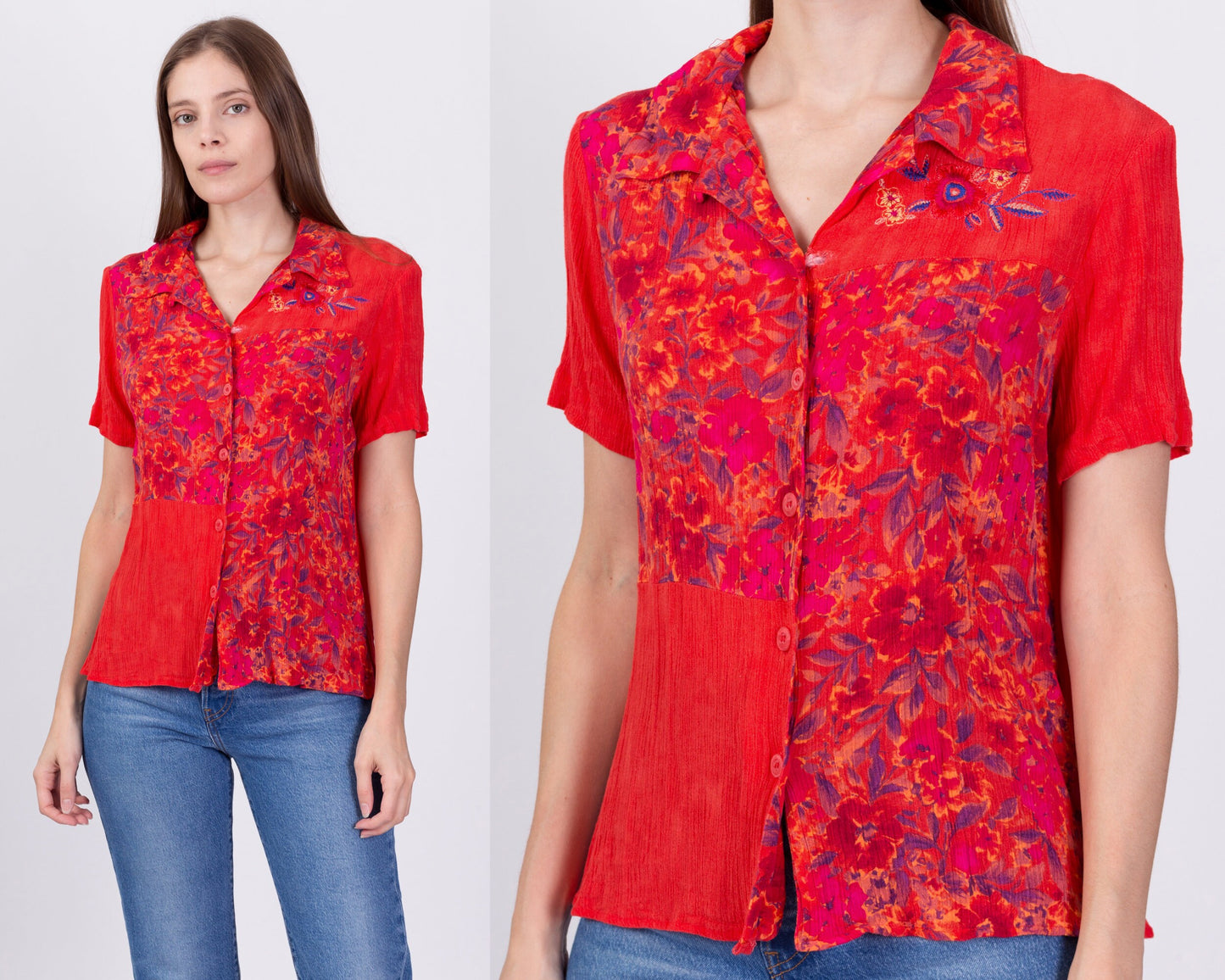 90s Red Floral Rayon Blouse - Medium 
