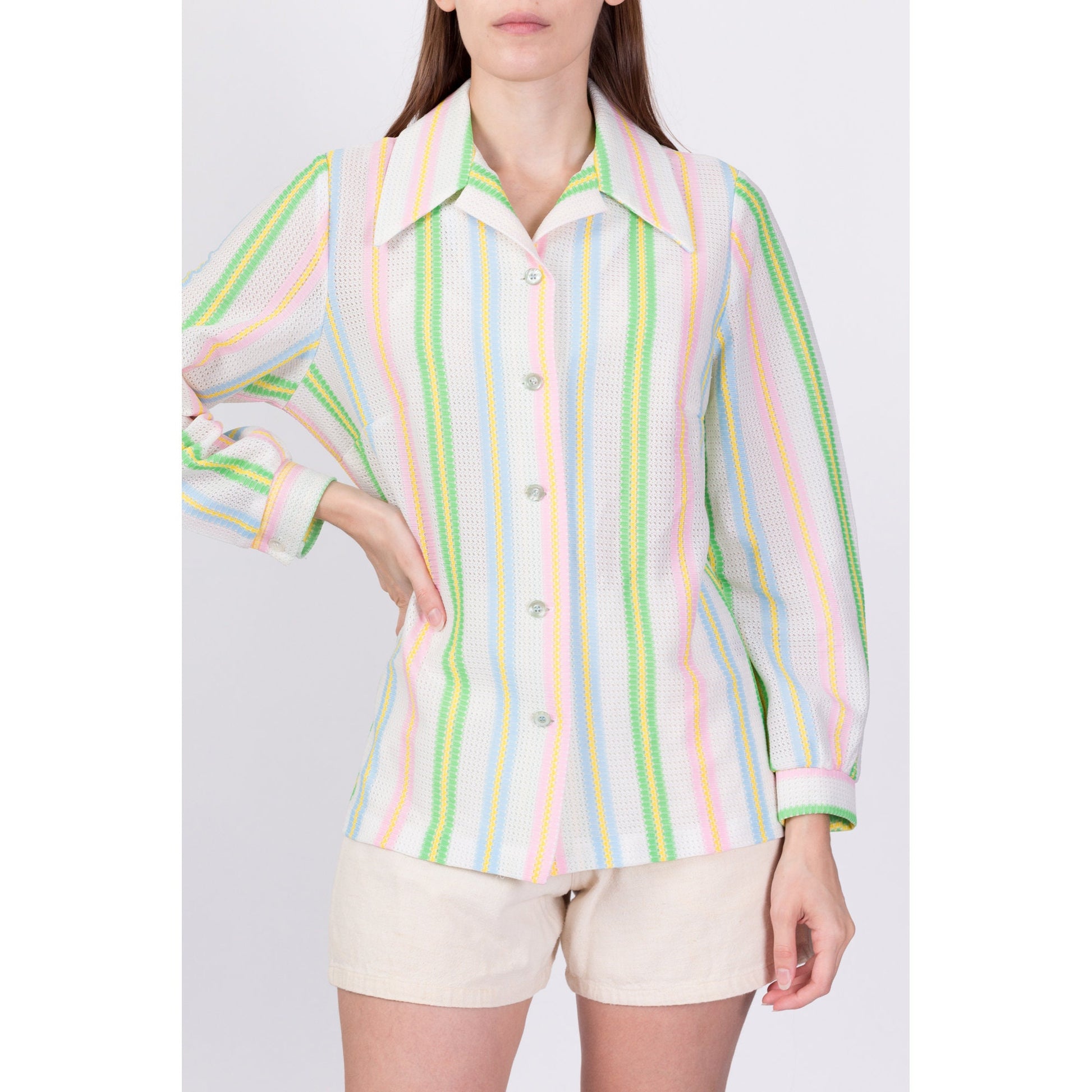 70s Candy Striped Button Up Top - Large 