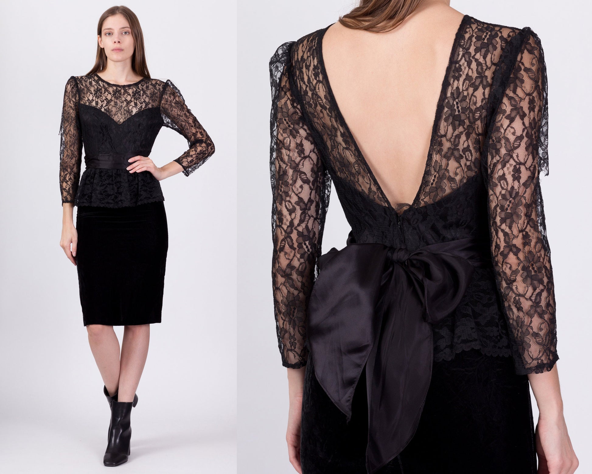 80s Gunne Sax Black Lace Low Back Party Dress - Extra Small 
