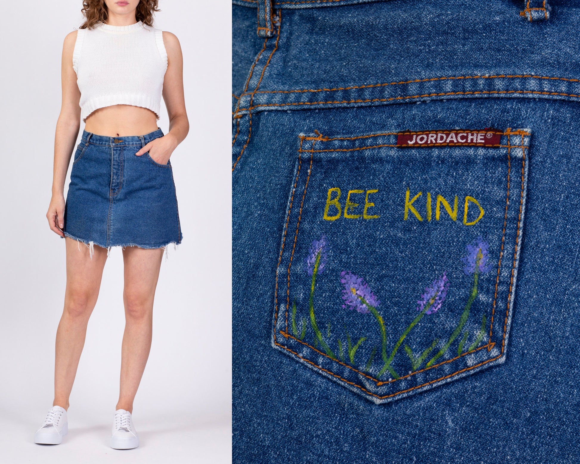80s Jordache "Bee Kind" Denim Mini Skirt - Medium, 28" 