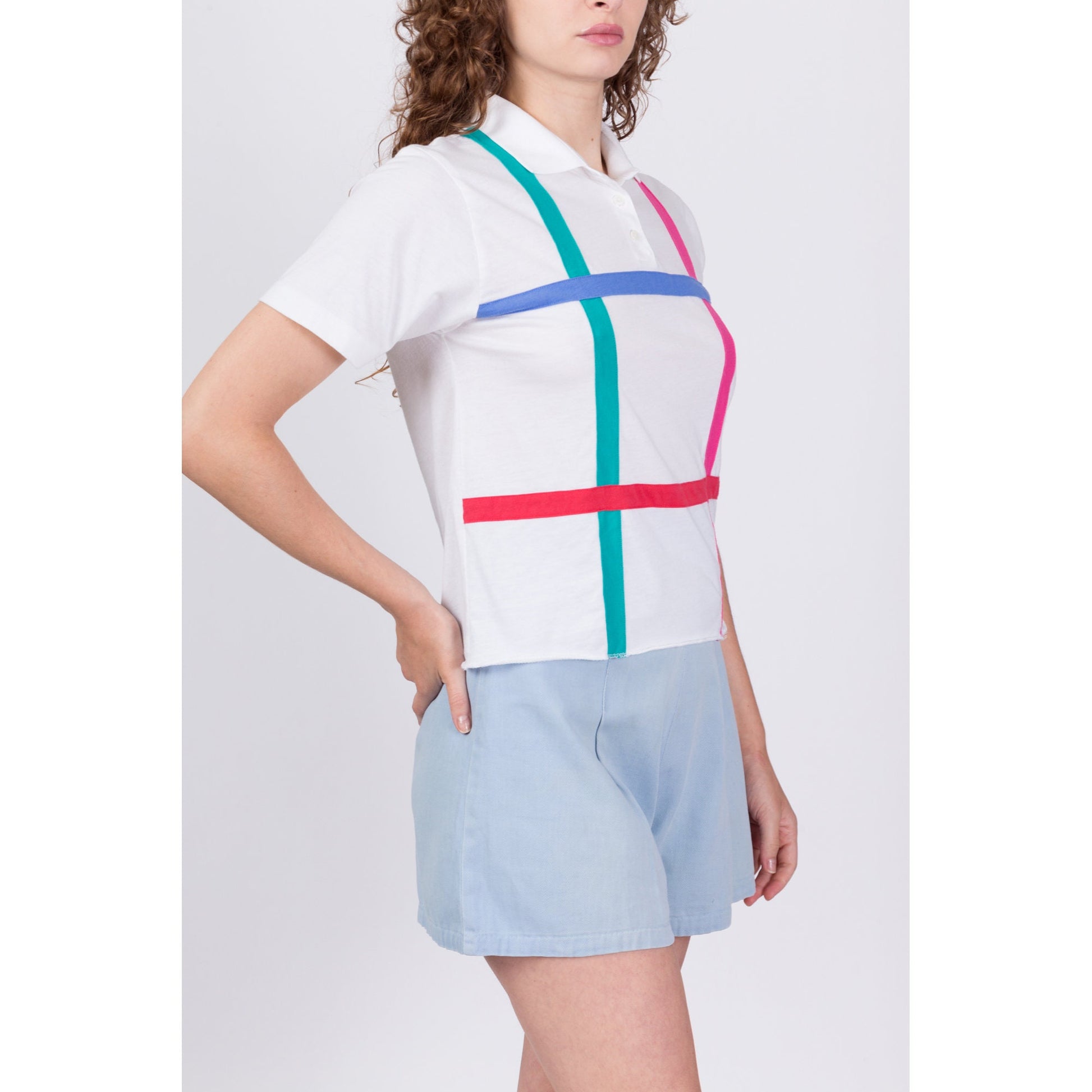 80s Preppy Color Block Grid Polo Shirt - Medium 