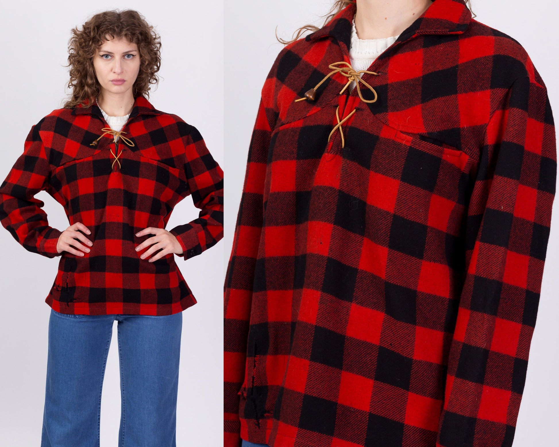 60s Buffalo Plaid Wool Shirt - Men's Large 