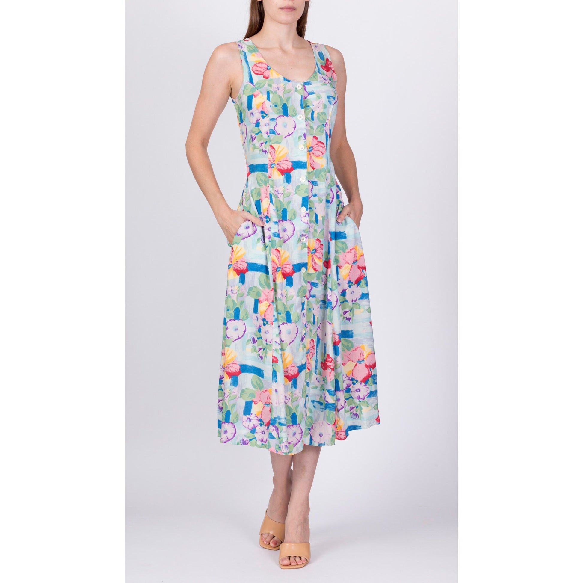90s Blue Floral Button Front Sundress - Small 