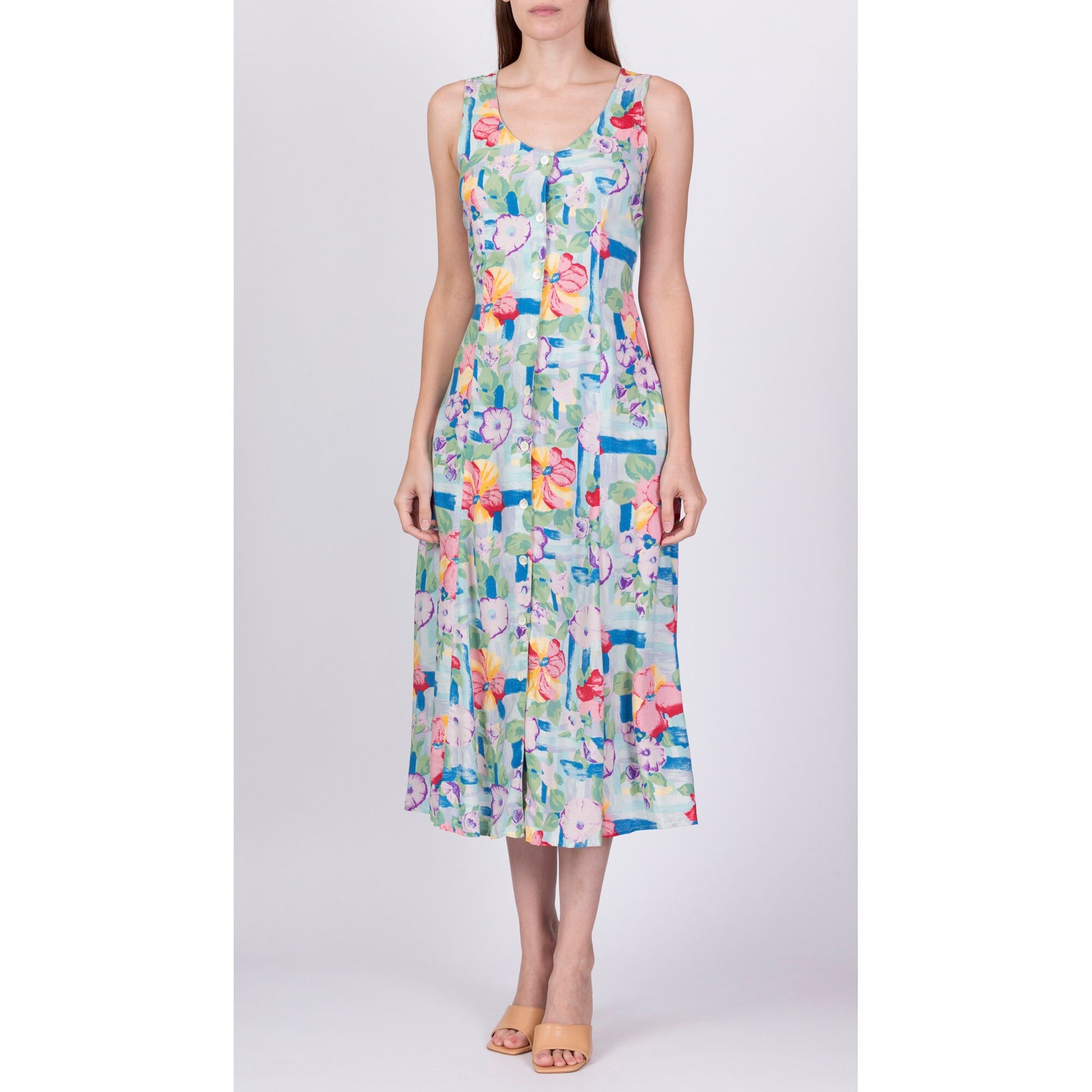 90s Blue Floral Button Front Sundress - Small 
