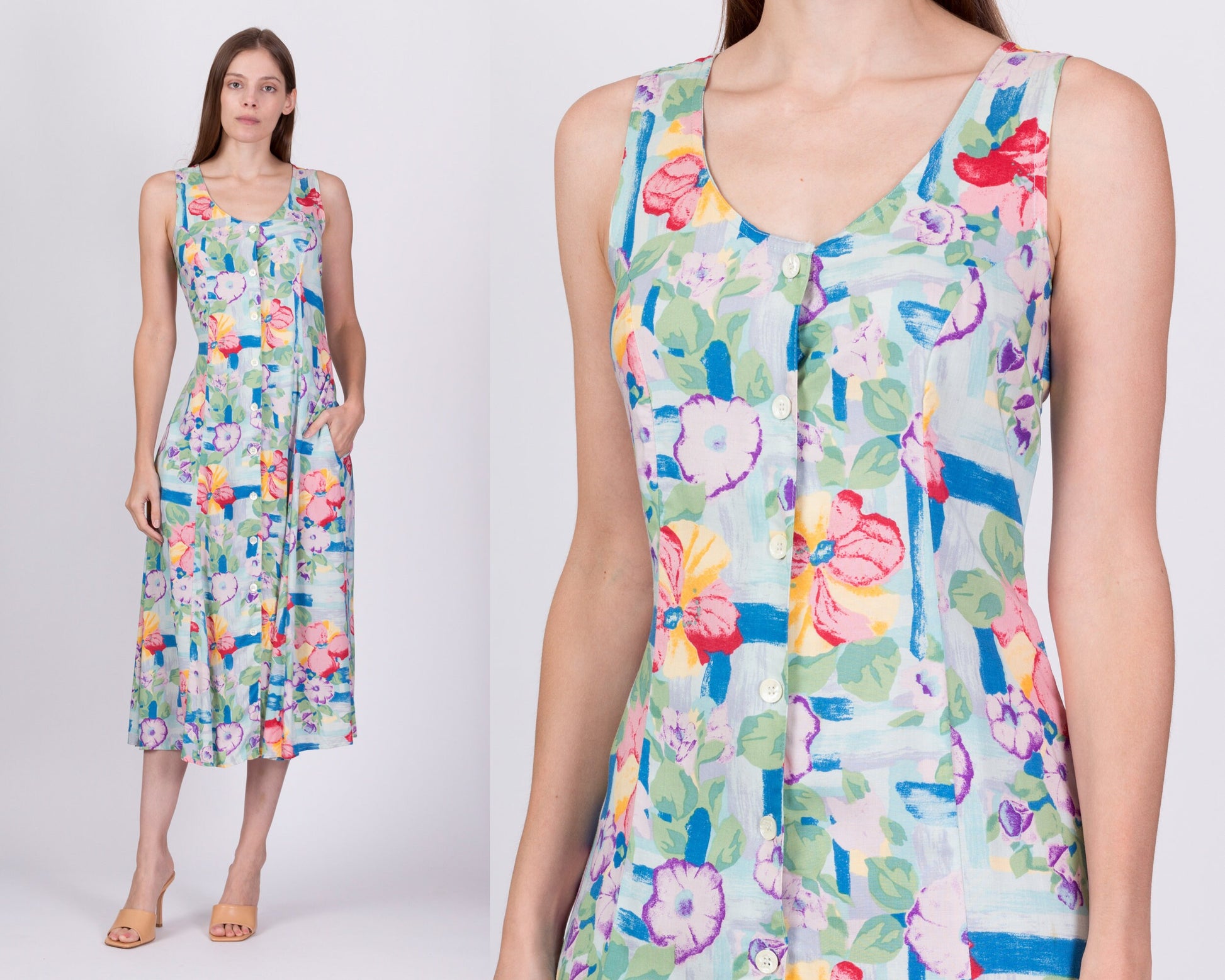 90s Blue Floral Button Front Sundress - Small 