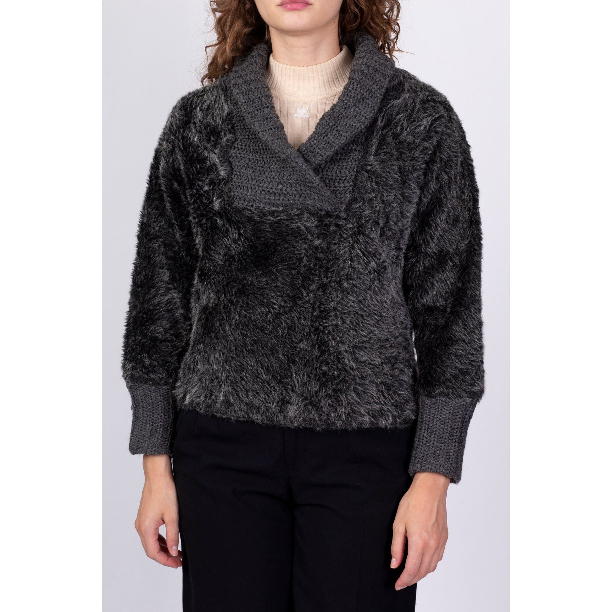 1930s Fuzzy Grey Shawl Collar Sweater - Medium 