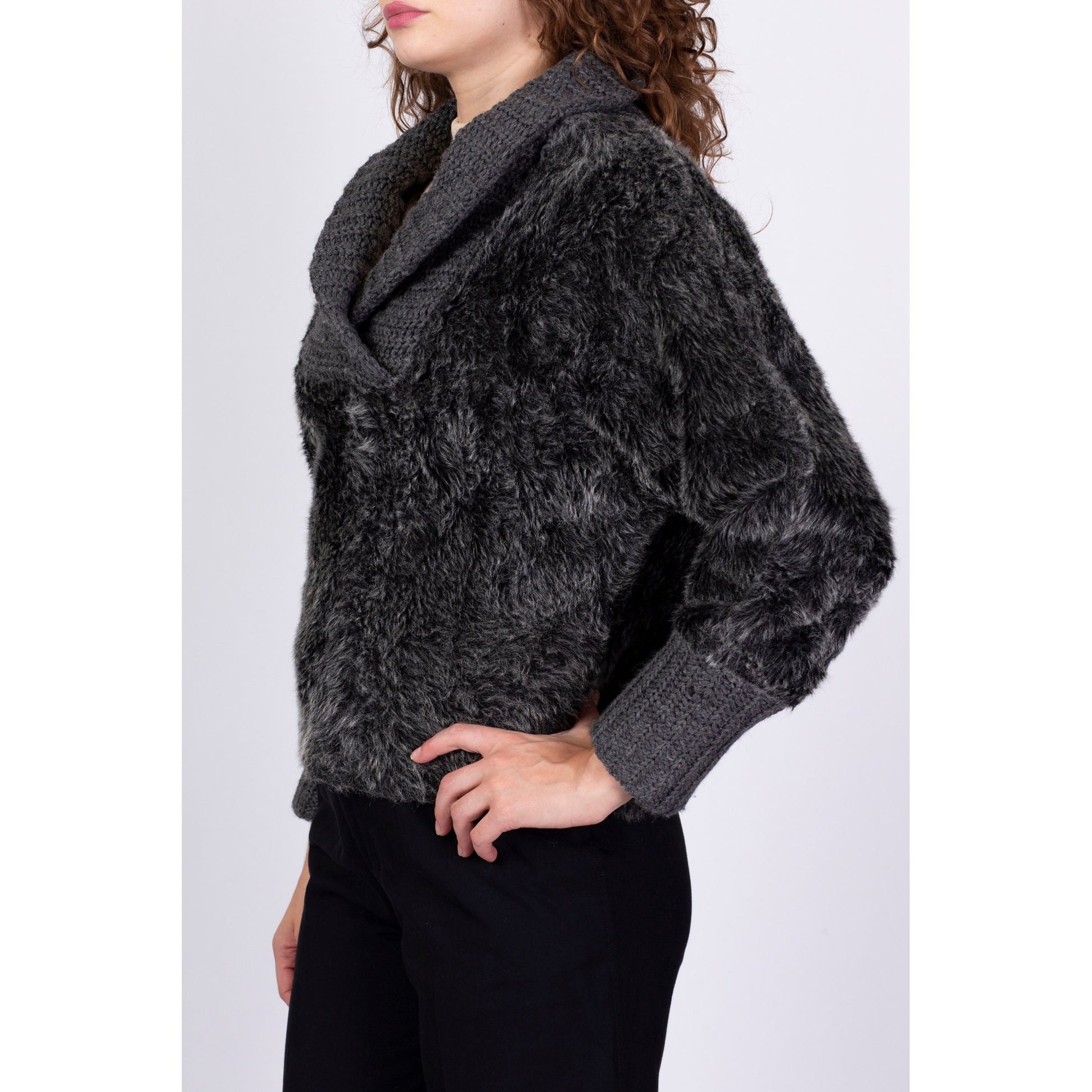 1930s Fuzzy Grey Shawl Collar Sweater - Medium 