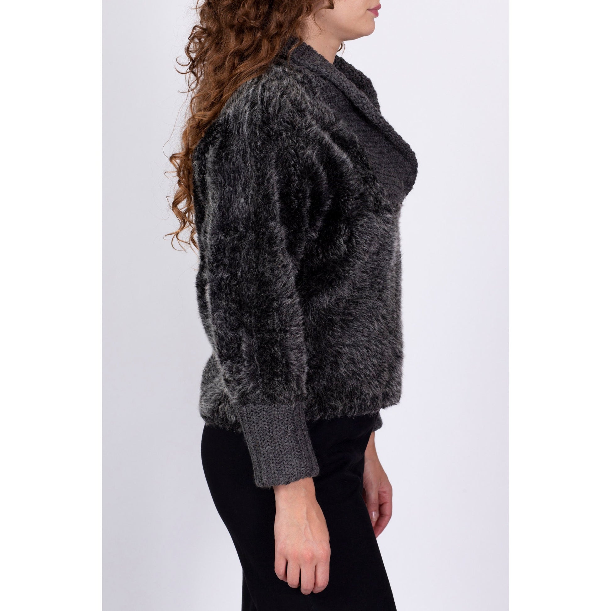1930s Fuzzy Grey Shawl Collar Sweater - Medium 