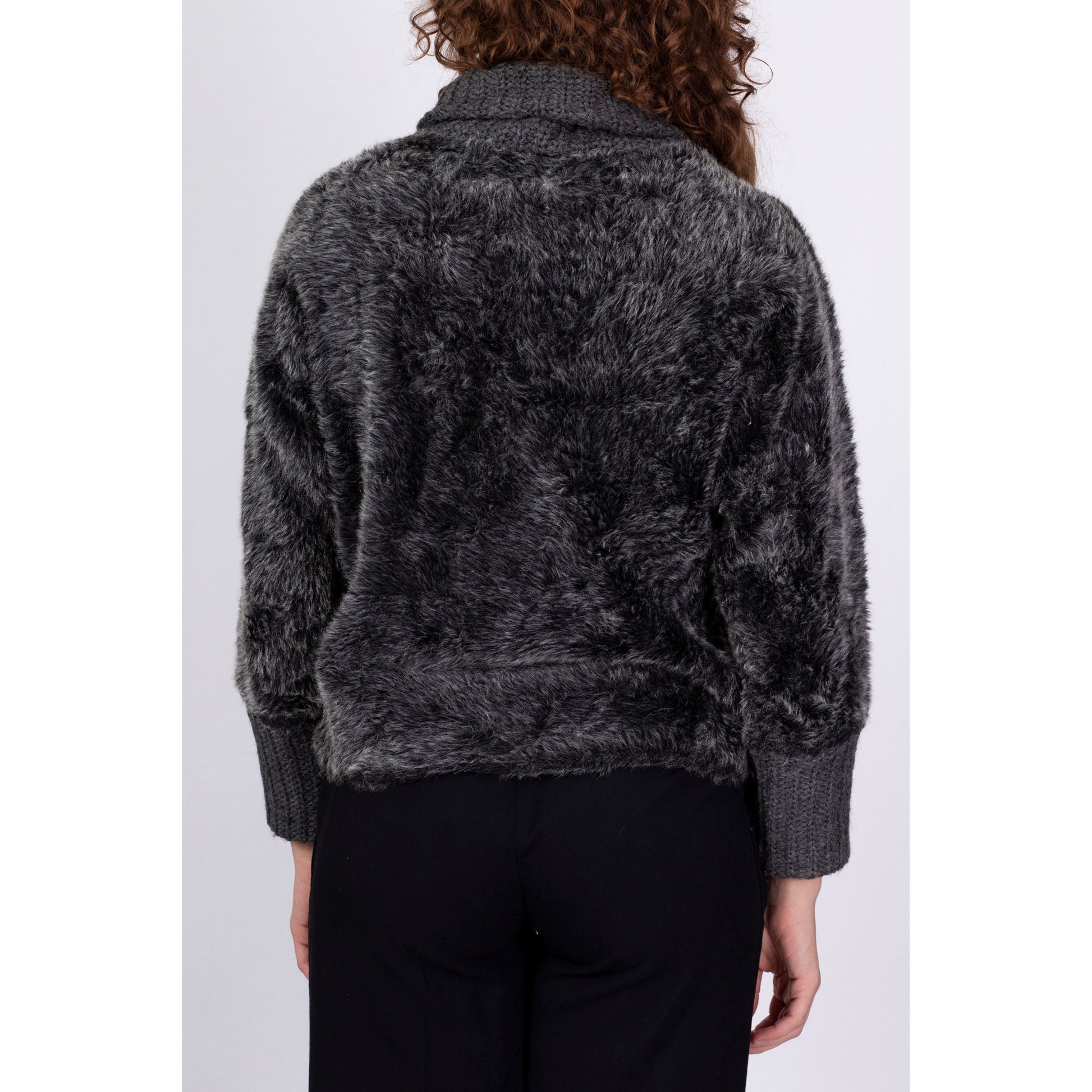 1930s Fuzzy Grey Shawl Collar Sweater - Medium 
