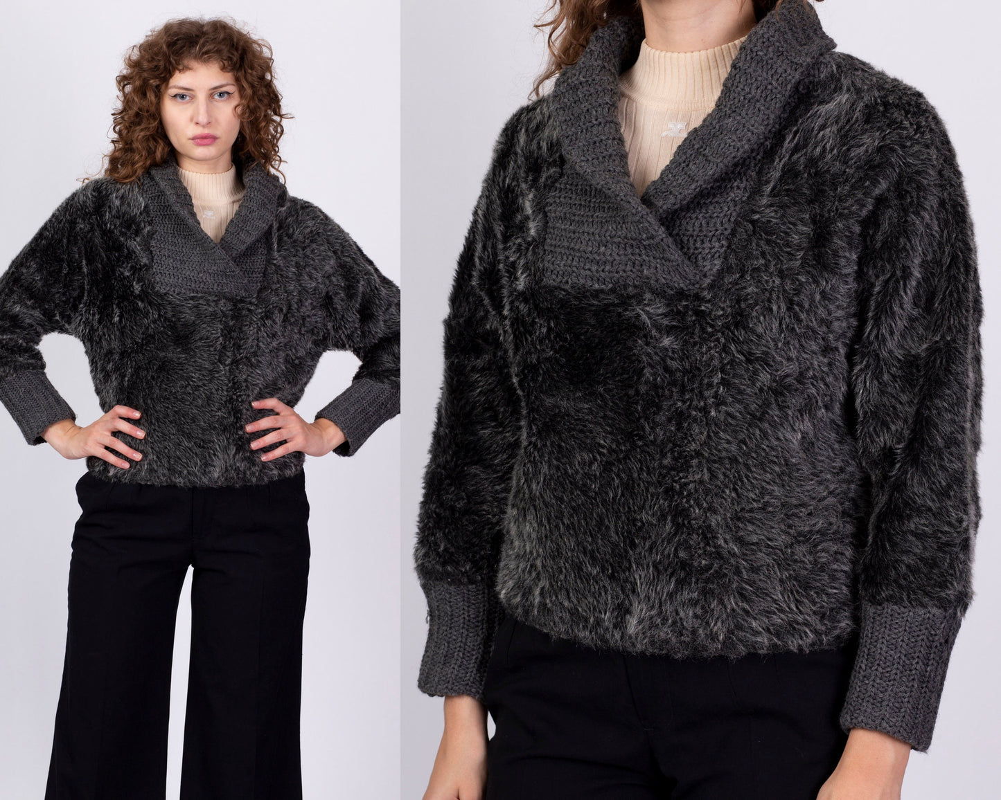 1930s Fuzzy Grey Shawl Collar Sweater - Medium 