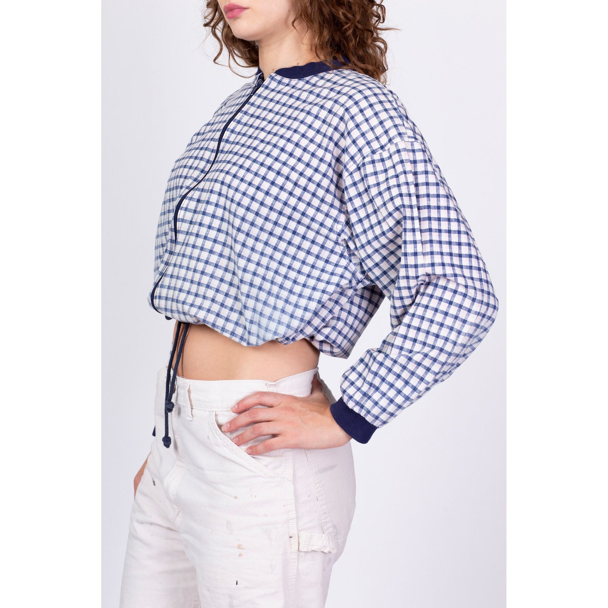 80s 90s Plaid Zip Up Cropped Jacket - One Size 
