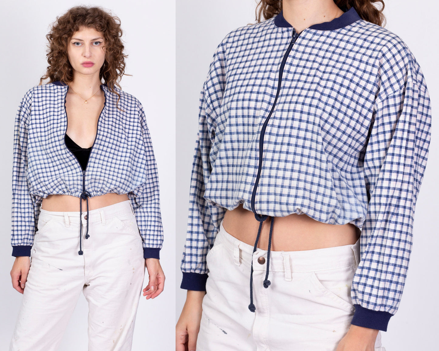 80s 90s Plaid Zip Up Cropped Jacket - One Size 