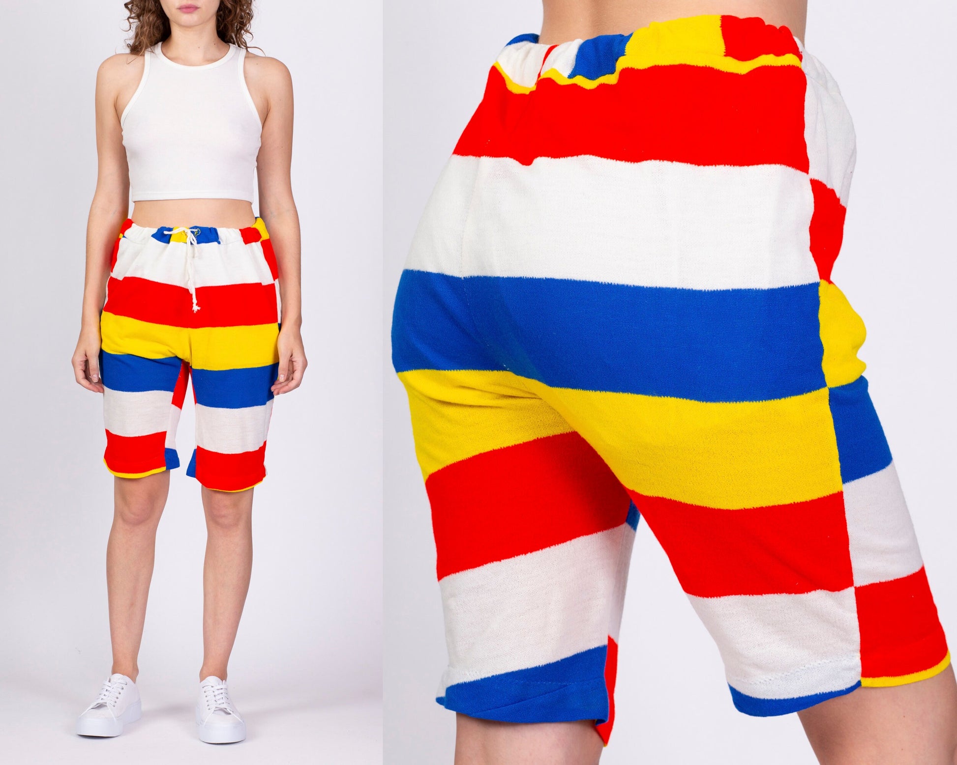 60s 70s Color Block Long Swim Shorts - Men's Medium, Women's Large 