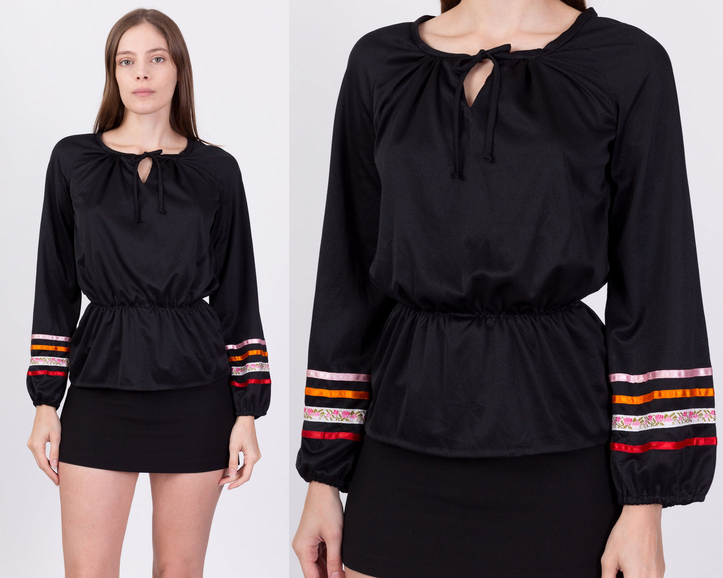 70s Boho Black Fitted Waist Top - Small to Medium 