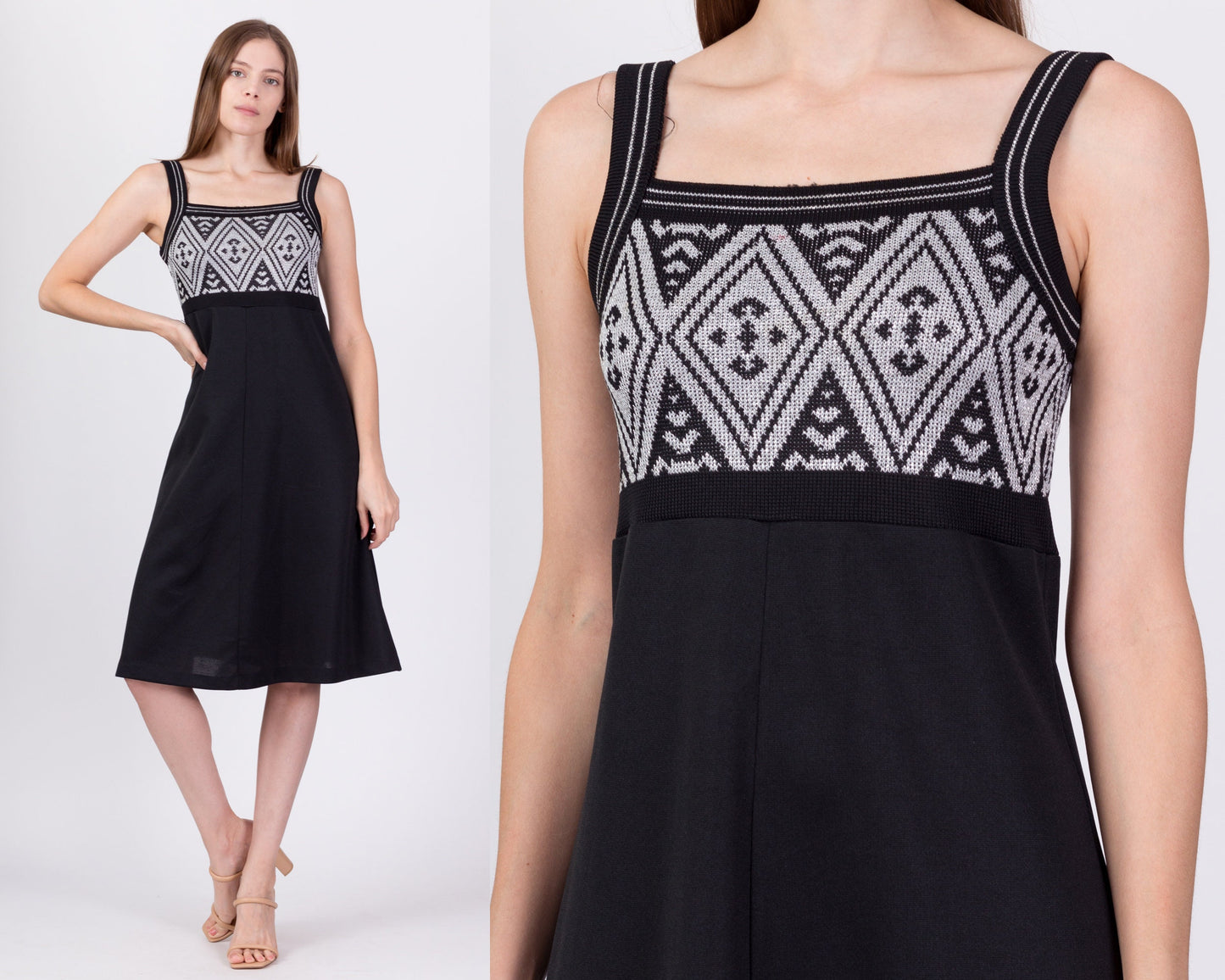 70s Black & Silver Lurex Midi Dress - Small 
