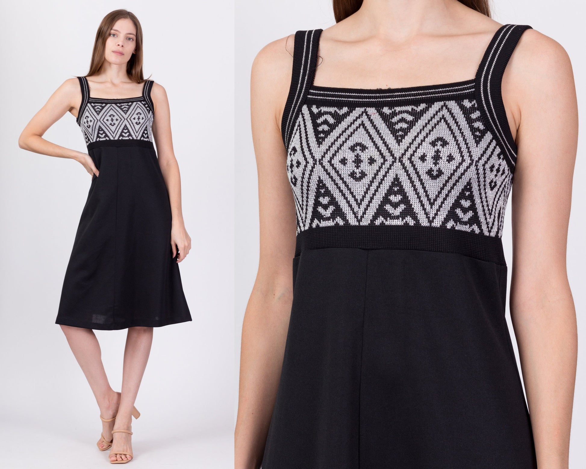 70s Black & Silver Lurex Midi Dress - Small 