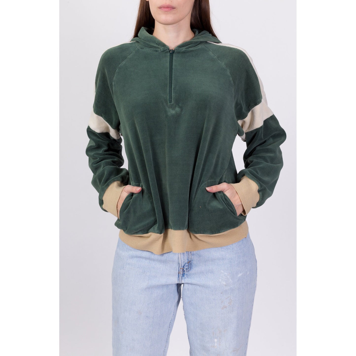 70s Green Velour Half Zip Hoodie - Men's Medium, Women's Large 