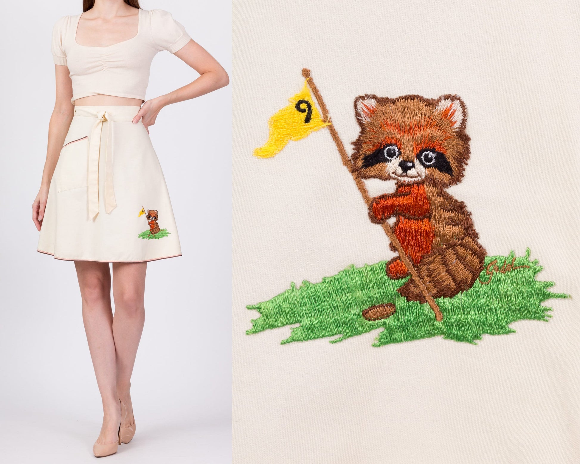 70s Novelty Raccoon Golf Wrap Skirt - XS to Small 