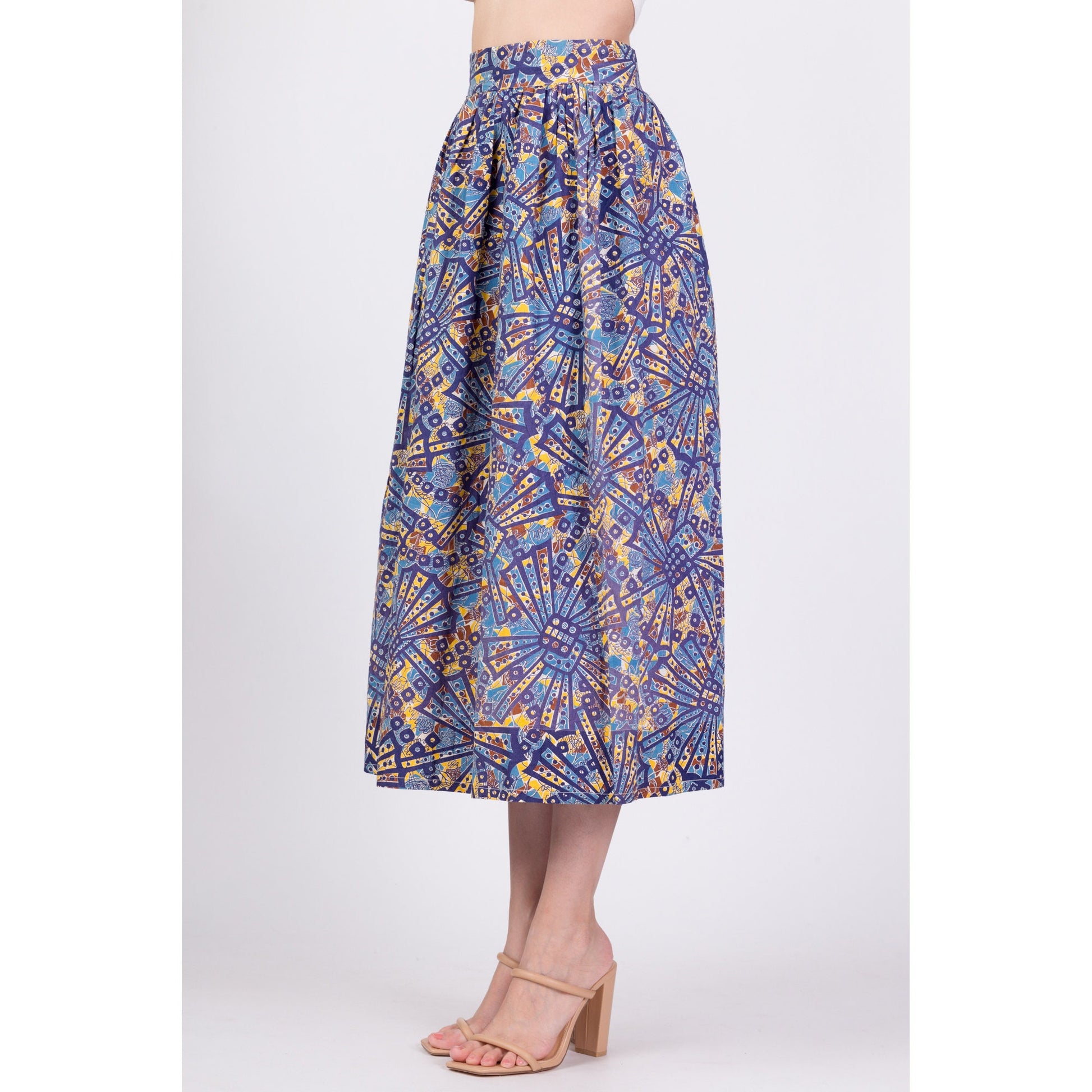 Vintage Boho African Wax Print Midi Skirt - Extra Small, 25" 