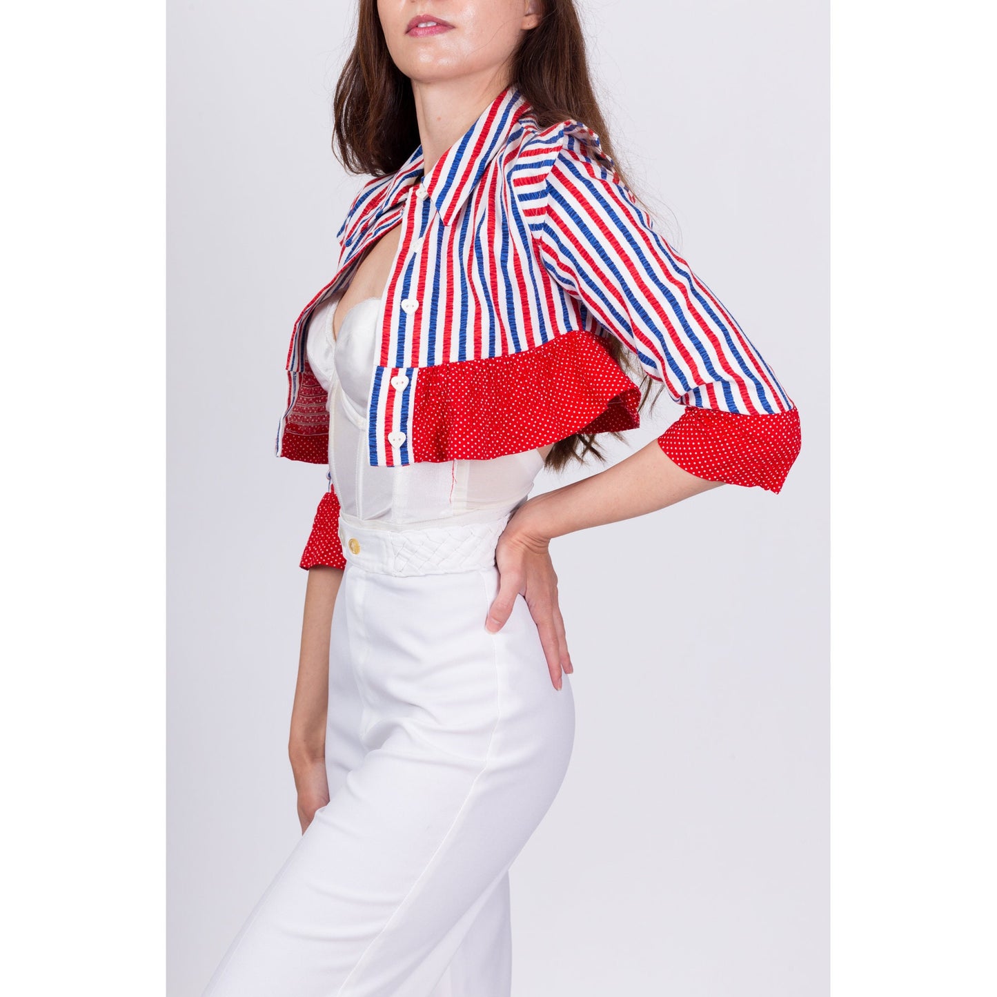 60s 70s Red White & Blue Striped Top - Girls Size 7 