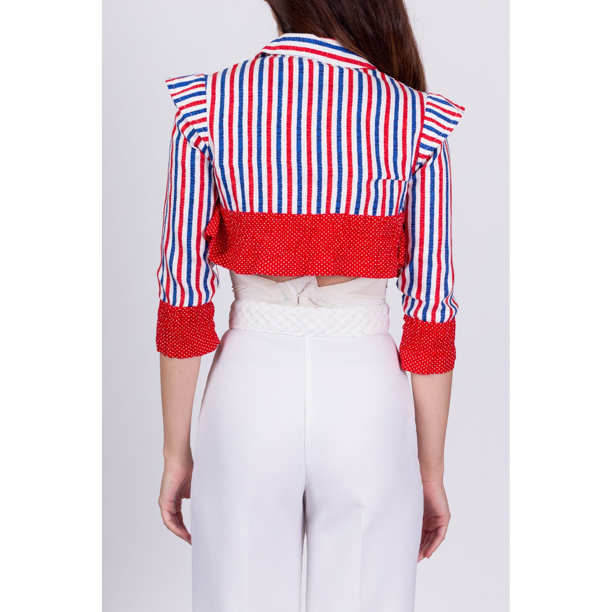 60s 70s Red White & Blue Striped Top - Girls Size 7 