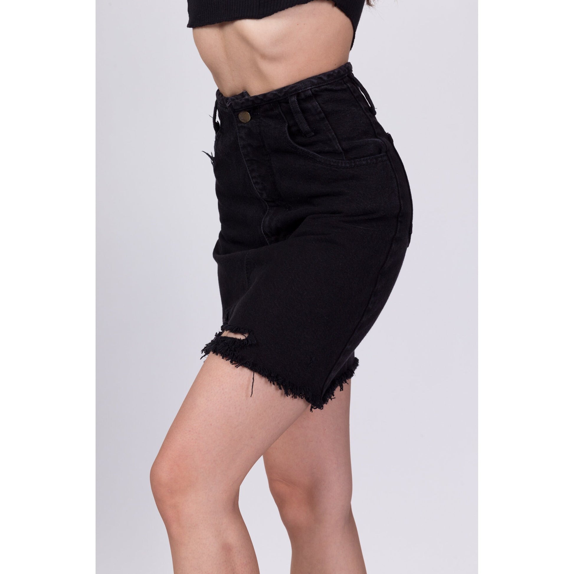 90s Black Denim High Waist Mini Skirt - XXS, 22.5" 