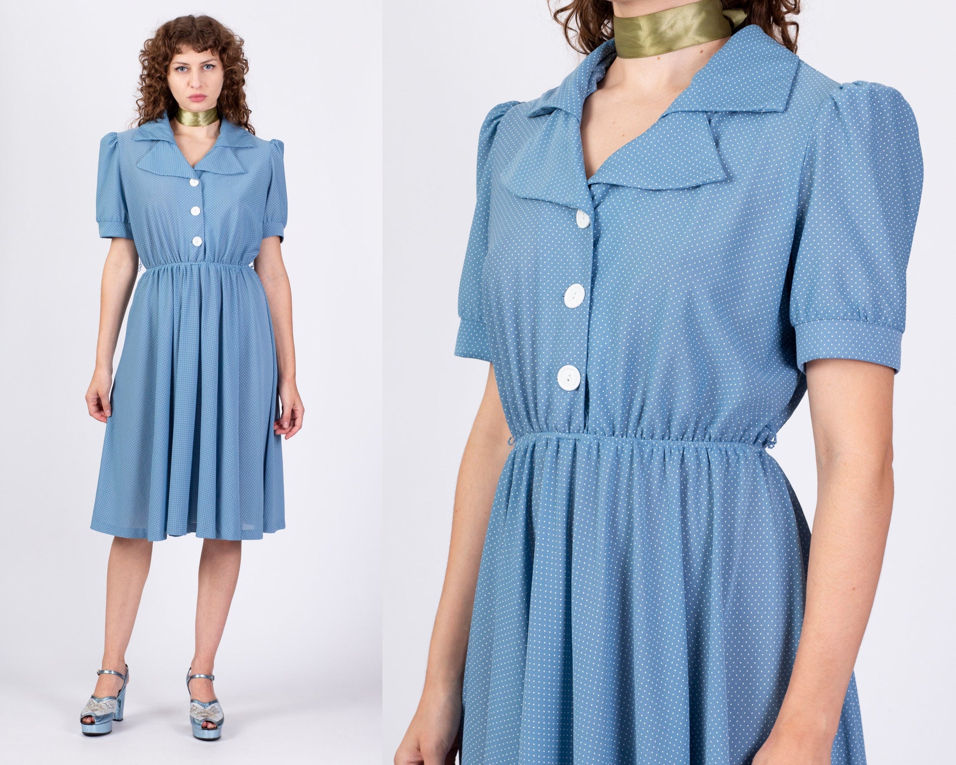 80s Does 50s Blue Polka Dot Midi Dress - Large 