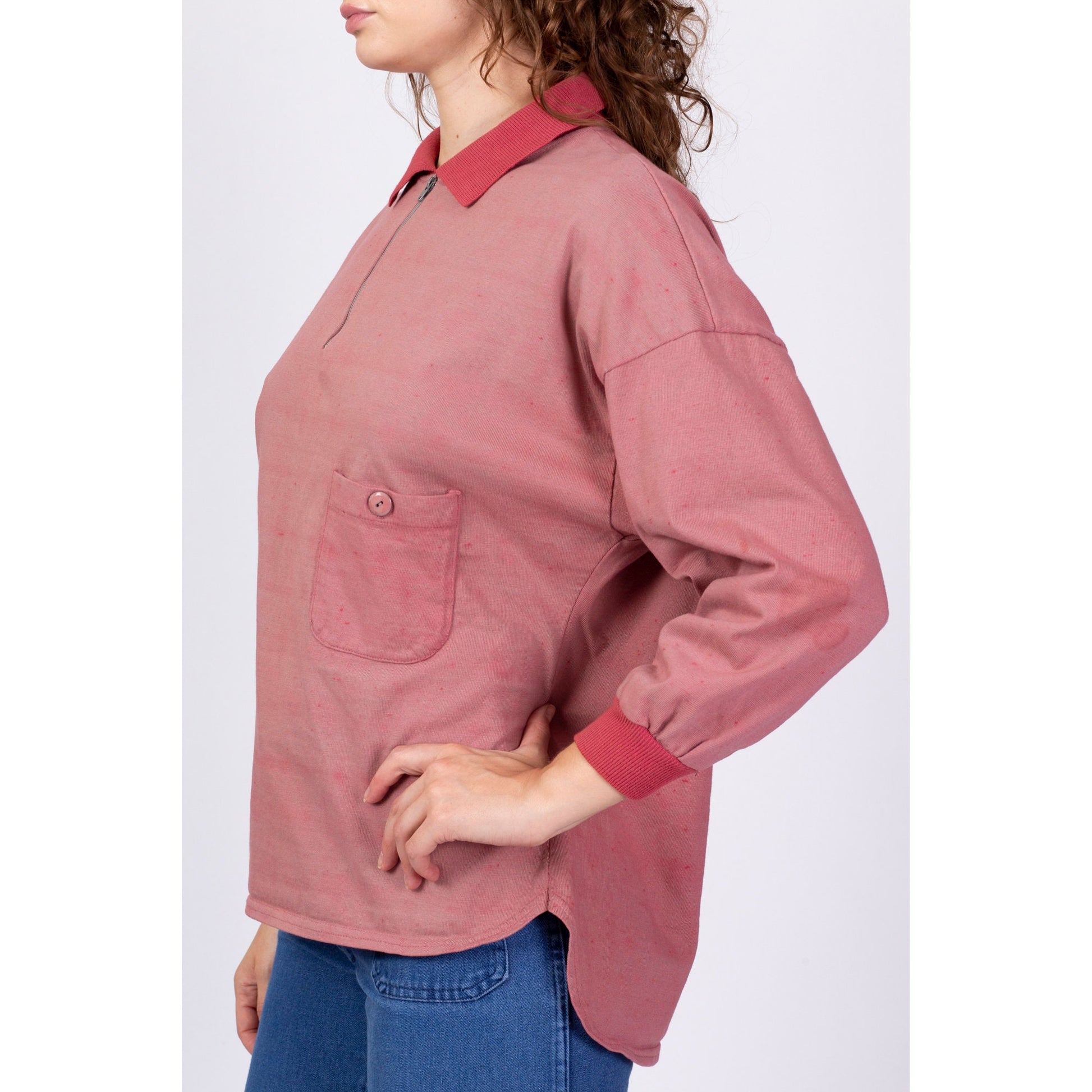 80s Rose Pink Dyed Henley Sweatshirt - Small 