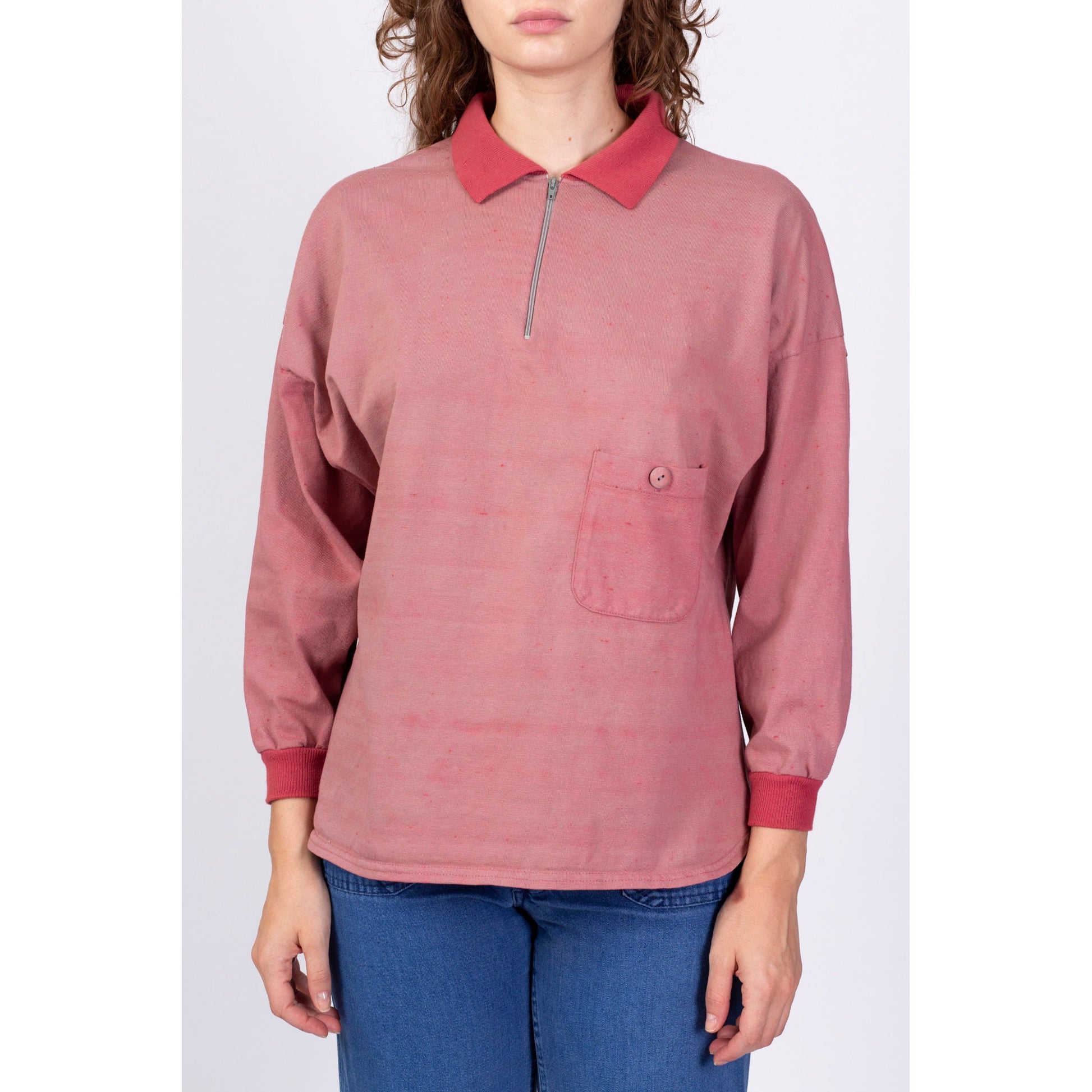 80s Rose Pink Dyed Henley Sweatshirt - Small 