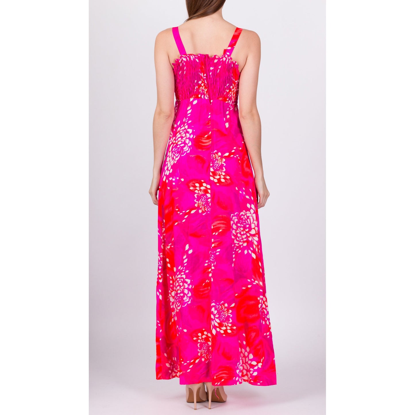 70s Hawaiian Pink Floral Maxi Sundress - Small 