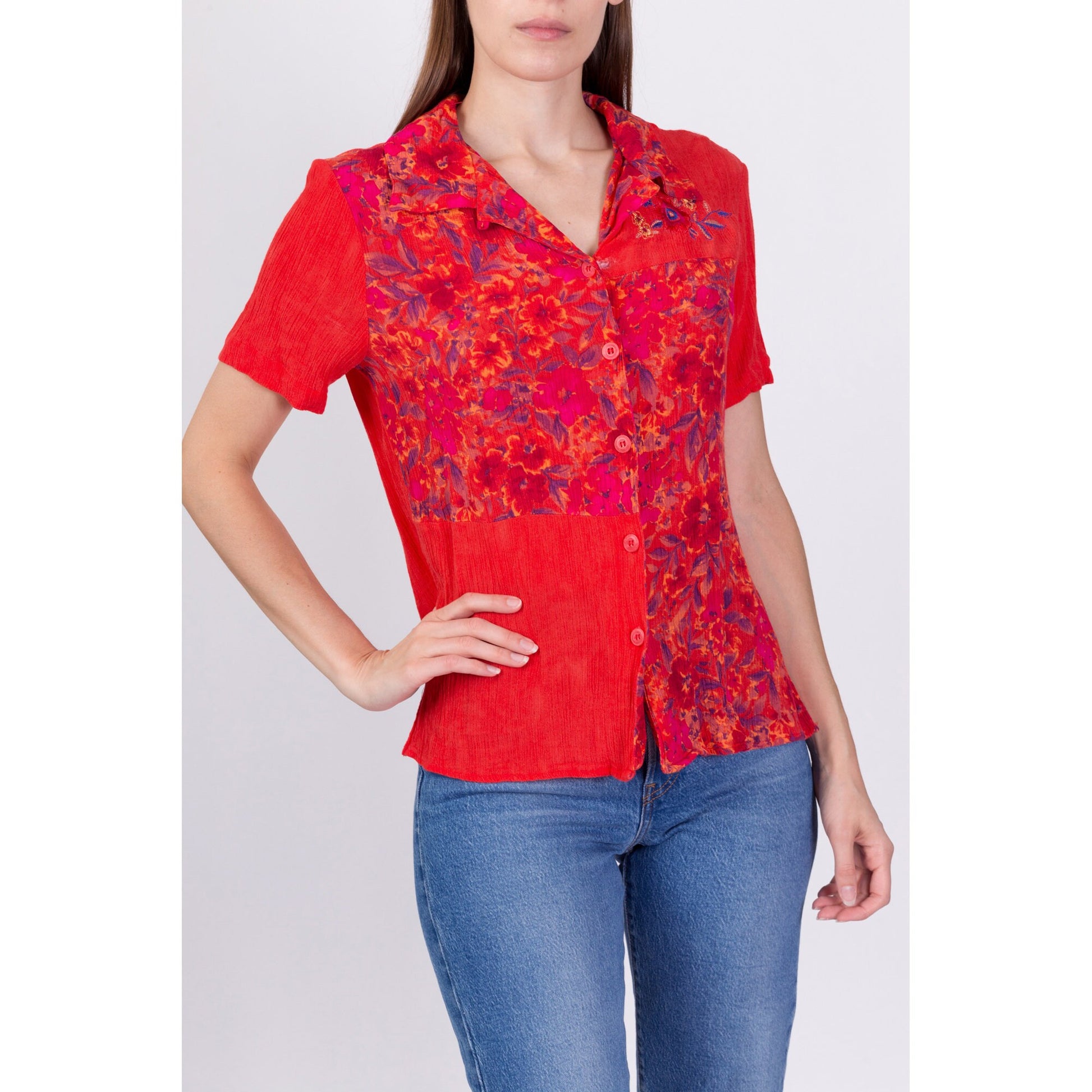 90s Red Floral Rayon Blouse - Medium 