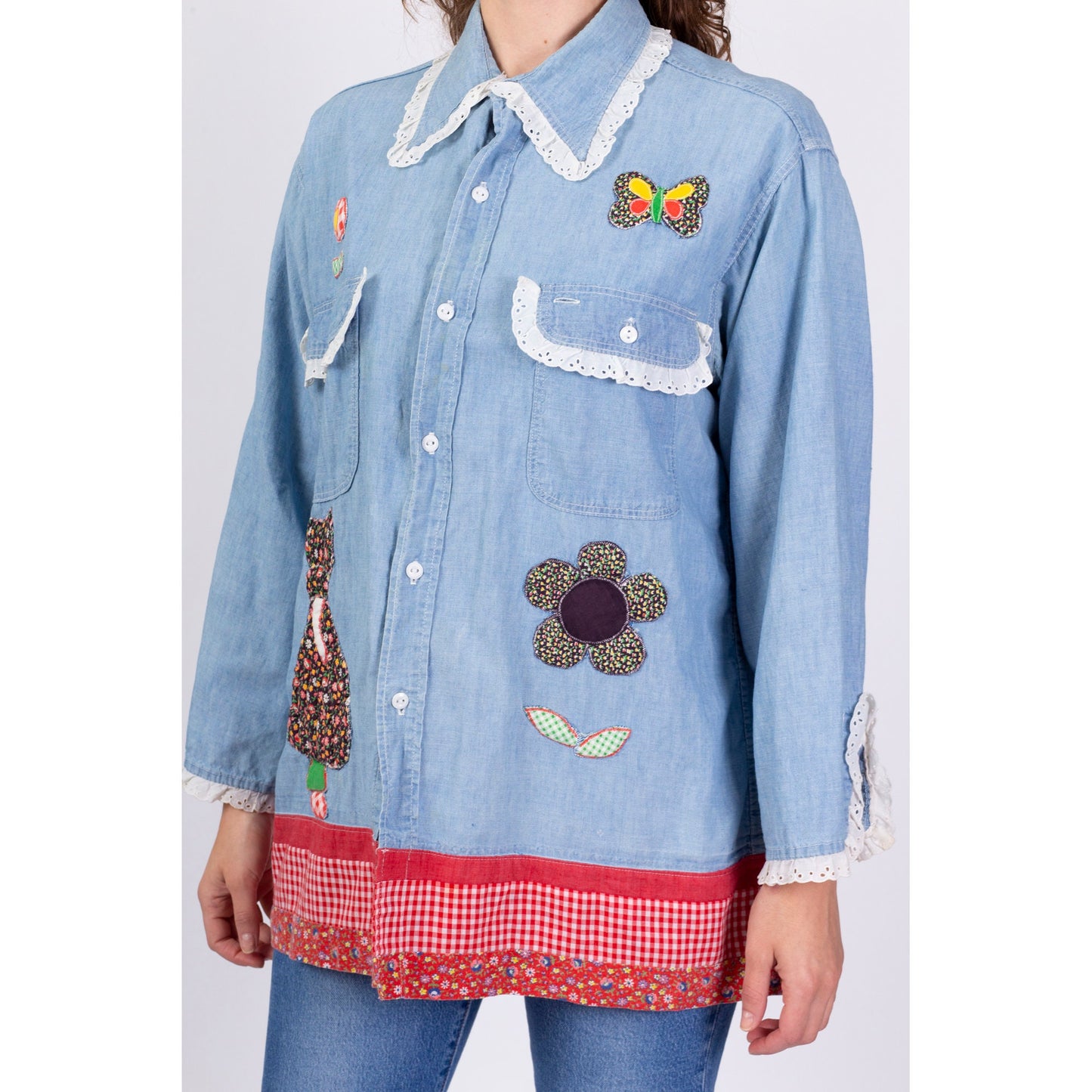 70s Chambray Floral Babydoll Patchwork Shirt - Extra Large 