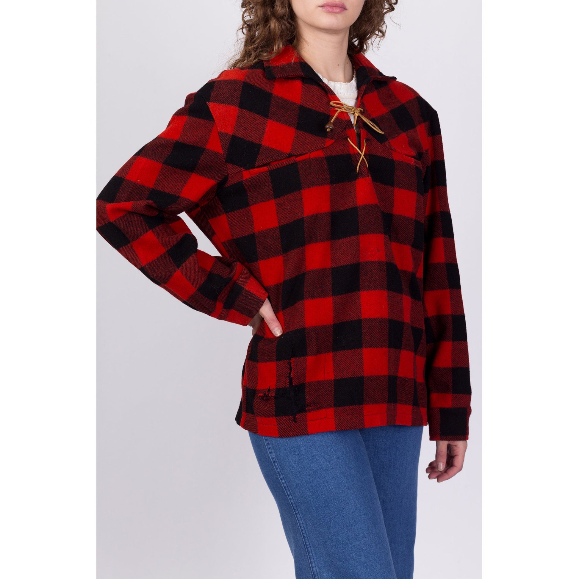 60s Buffalo Plaid Wool Shirt - Men's Large 