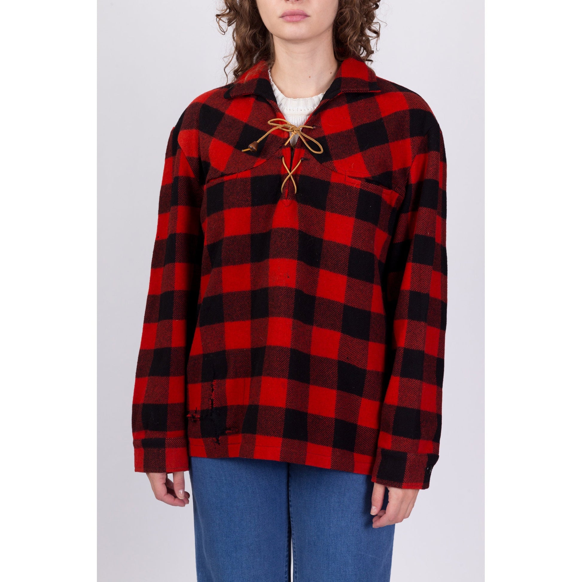 60s Buffalo Plaid Wool Shirt - Men's Large 