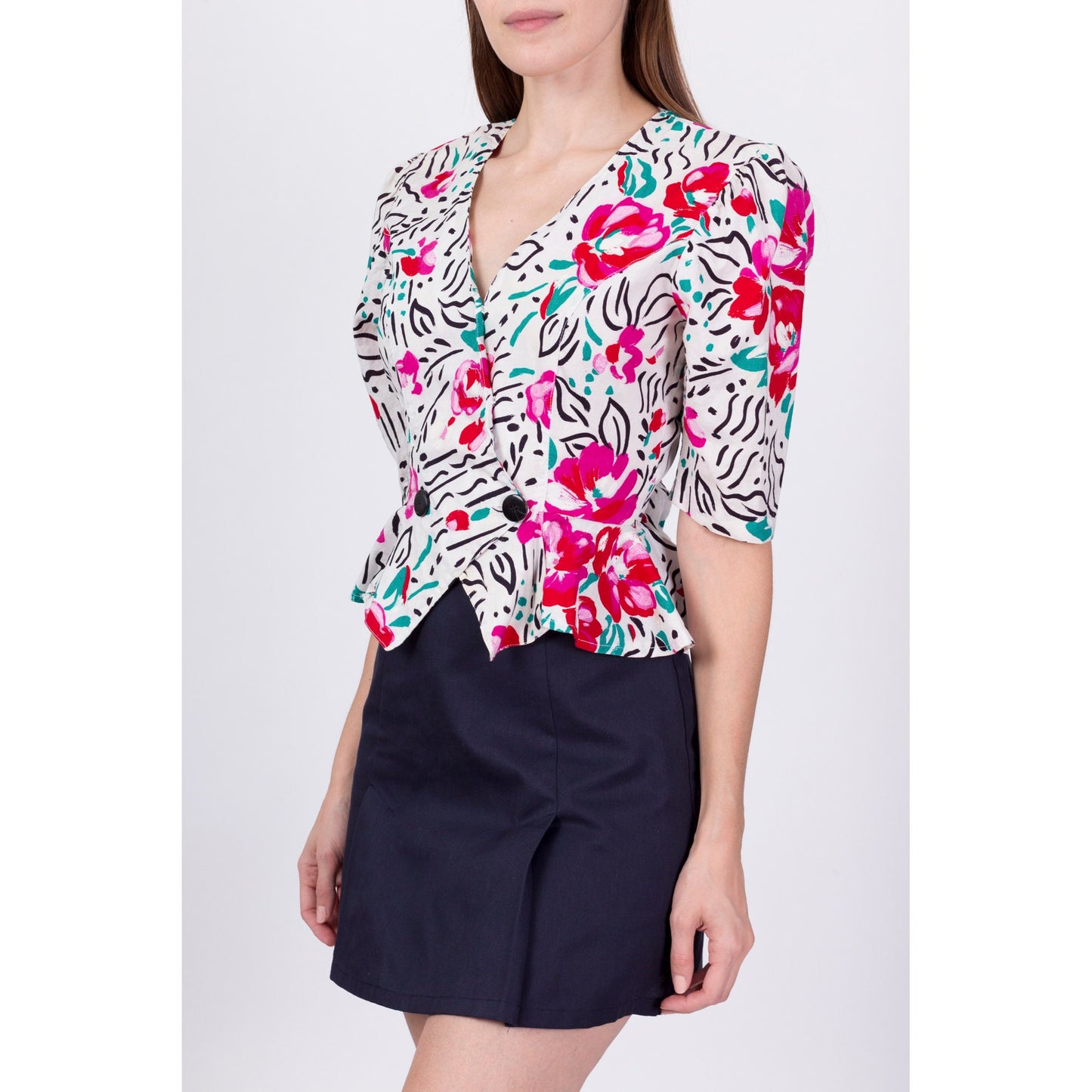 80s Floral Puff Sleeve Peplum Top - Extra Small 