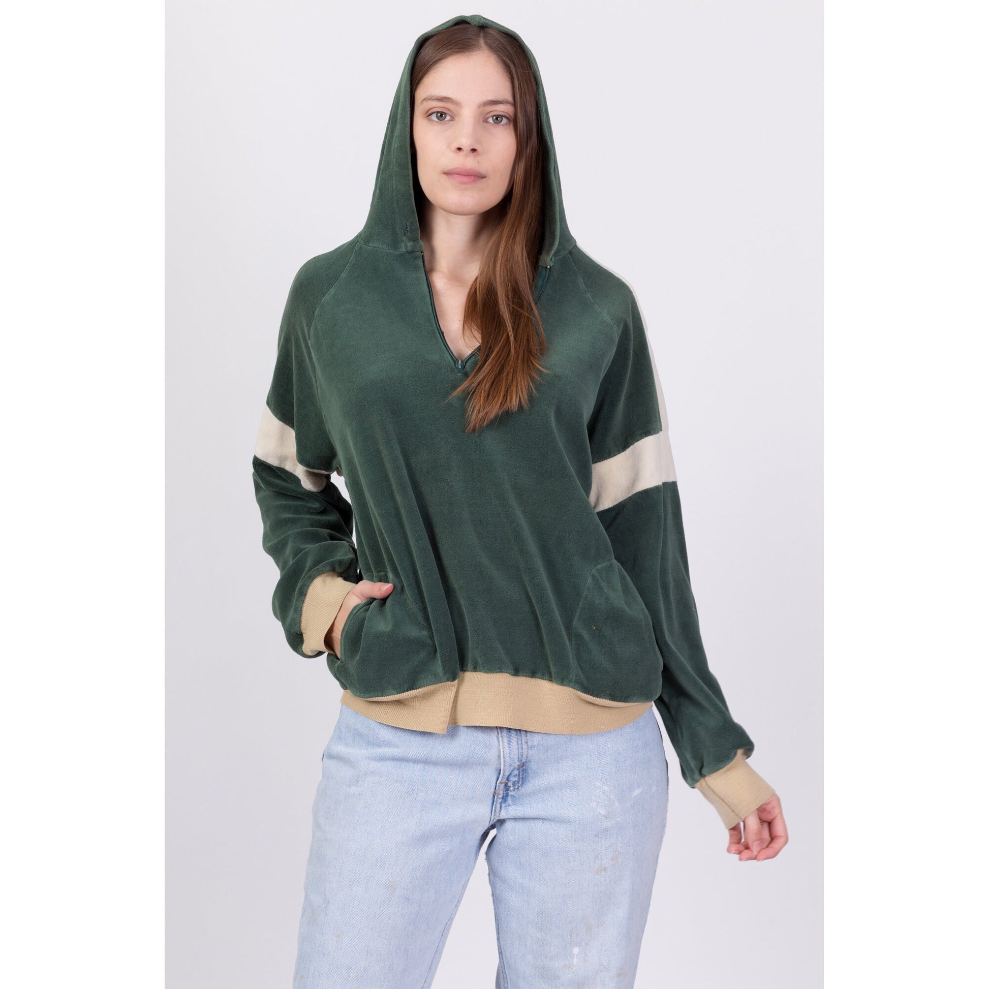 70s Green Velour Half Zip Hoodie - Men's Medium, Women's Large 
