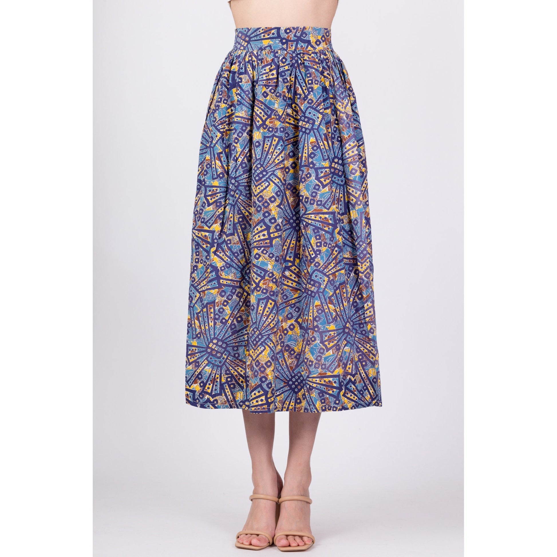Vintage Boho African Wax Print Midi Skirt - Extra Small, 25" 