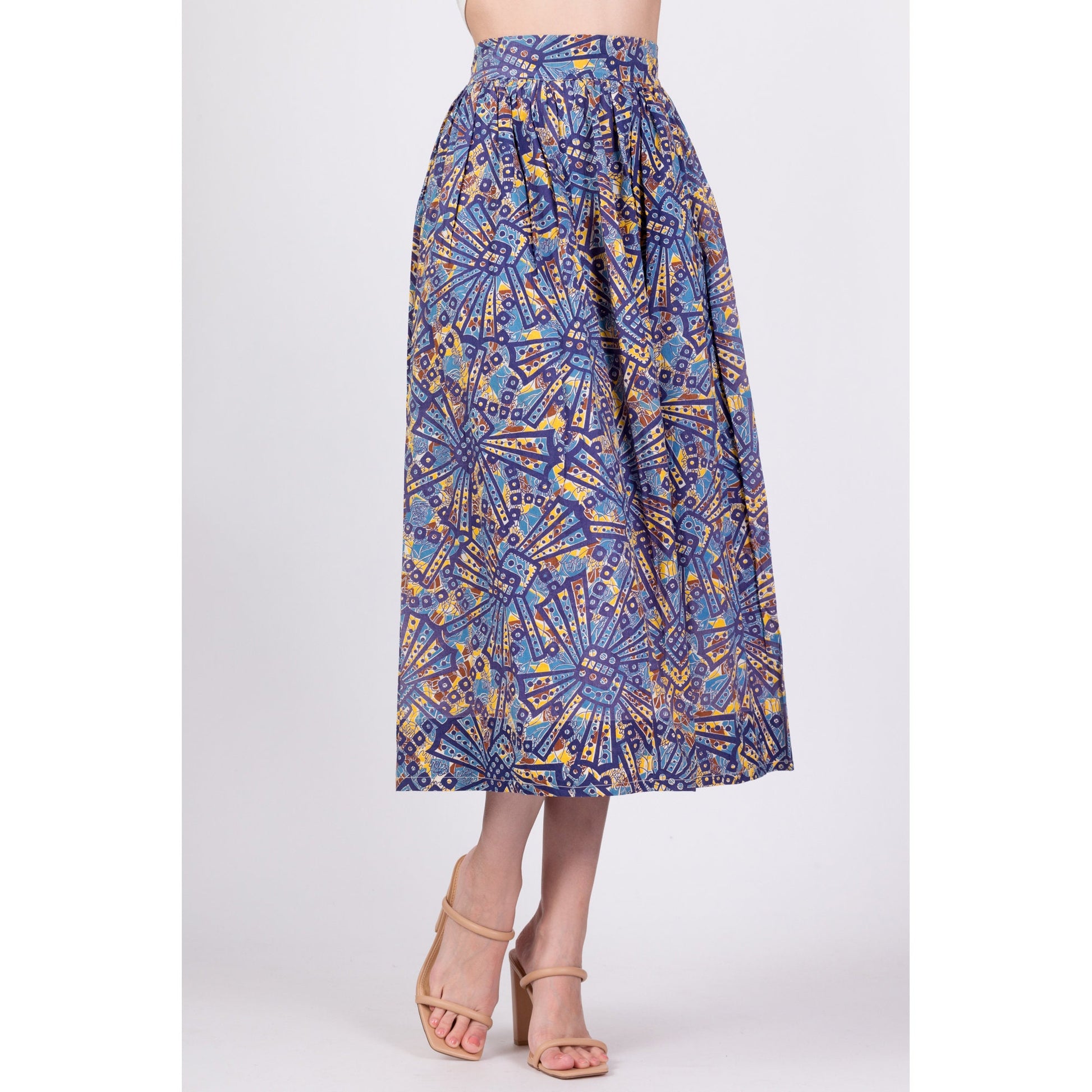 Vintage Boho African Wax Print Midi Skirt - Extra Small, 25" 